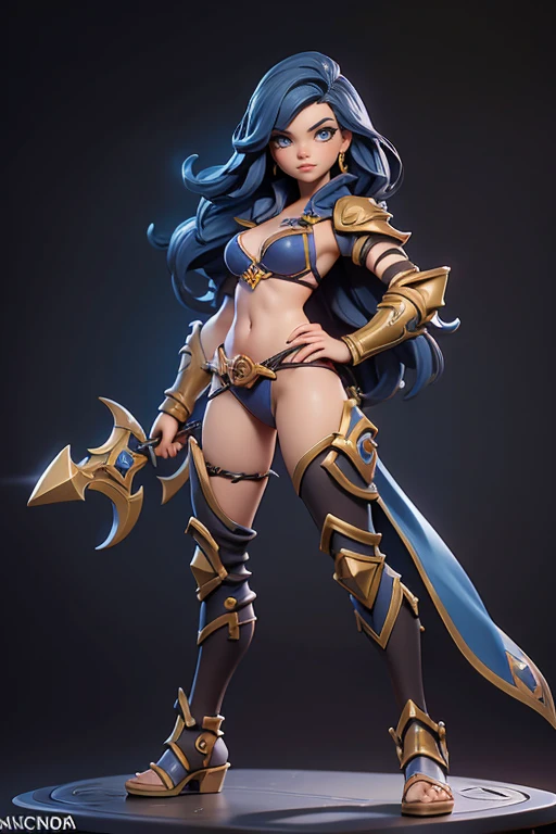 Q version of League of Legends Vi figure on the table, wearing bikini armor, standing with one hand on hip and legs open, full body shot,