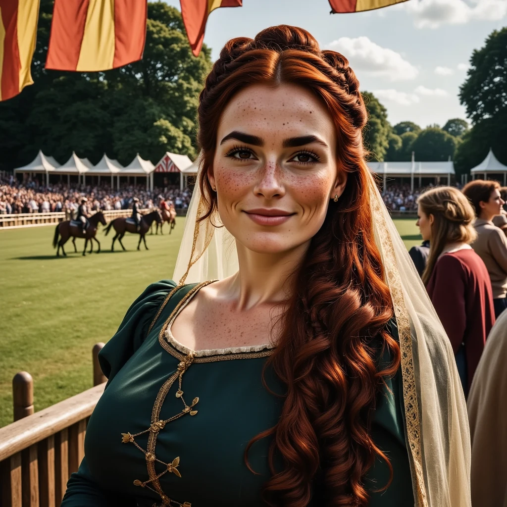 Photorealistic, cinematic style, a picture of a beautiful British woman dressed as a medieval noblewoman.  She's sitting in the stands of a medieval jousting tournament. Bright coloured banners, rising stands, lavish heraldic decorations. Group of people dressed in medieval clothing. Knights in full armour riding their horses. Behind the stands a green lawn, oak trees. Smiling.  She's got brown eyes, downturned eye shape, light skin and freckles, long reddish-brown hair, braided hairstyle. She wears a beautiful dark green garb with gold trimmings, hair made into a series of buns on top of her head, white transparent veil covering her hair and neck. perfect hand,HDR, intricate details. 