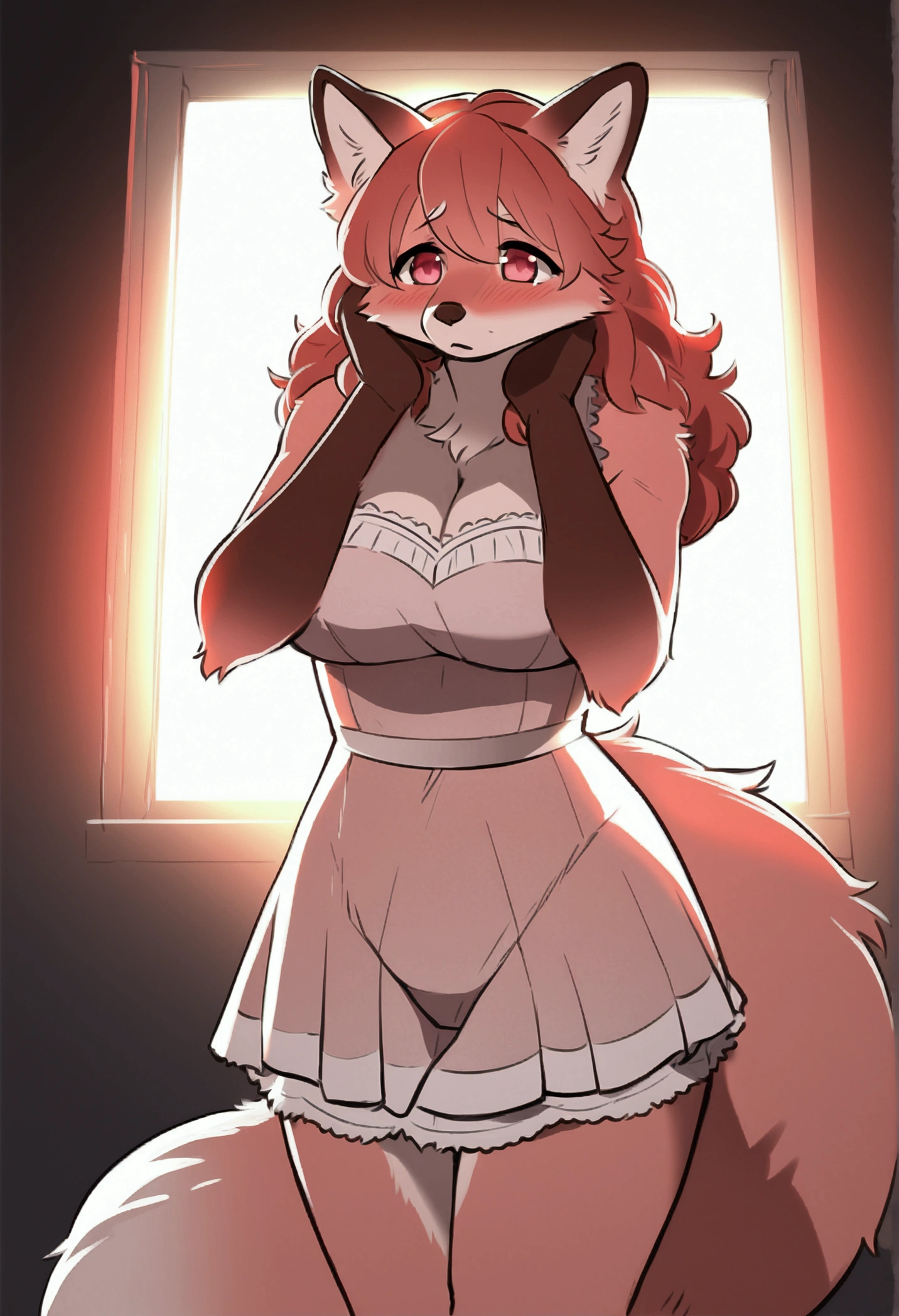 masterpiece, Best quality, antro, Furry, deer, Doe, Long eyelashes, plump, big breasts, big butt, Red hair, square hairstyle,shoulder-length hair,square, Cinematic lighting, Scattered light, A high resolution, high detail, ultra realistic, crying, in tears, Tears drip from my eyes,nude, covers mouth with hands, waist type