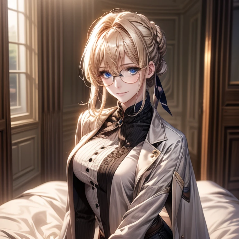 (Highest quality, High resolution, Very detailed),1 girl, Beautiful and elegant light blue eyes, lady, scientist, smooth face, European face, Blonde Hair,  short hair, single big hair bun, Wearing a suit, Mature Woman, Age 25, Cruel smile, Calm and Calm, Slim figure, Pale complexion, thin, Calm,  white lab coat, black pants,  black shirt, blue eyes, glasses, looking to the viewer in a sidelong glance, full head, figure visible up to waist

 