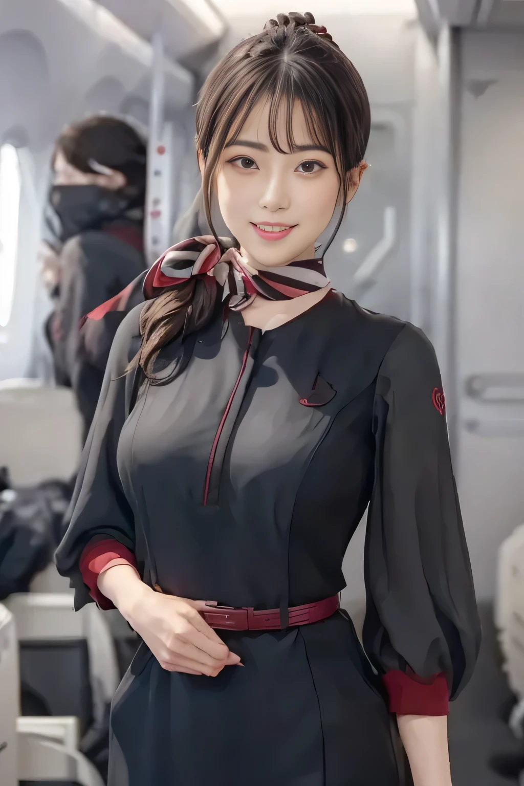 (masterpiece:1.2, Best Quality:1.2), 32kHDR,  high definition, (Alone、 1 girl)、（on board、  professional writing）、In-flight background、（ realistic style wearing a JAL flight attendant uniform ）、（（ JAL flight attendant uniform short sleeve jumper skirt 、Red belt around the waist  、 scarf around the neck ））、 Dark brown hair 、（Long Hair、Hair tied up、Hair tied up）、 Dark brown hair 、Long Hit、Big Breasts、Thin legs、（（Great hands：2.0）），（（  Harmonious Body Proportions ：1.5）），（（Normal limbs：2.0）），（（Usually refers to：2.0）），（（ Delicate Eyes：2.0）），（（Normal eyes：2.0））)、smile、（Beautiful standing figure in a JAL flight attendant uniform ）、Hands crossed underneath 