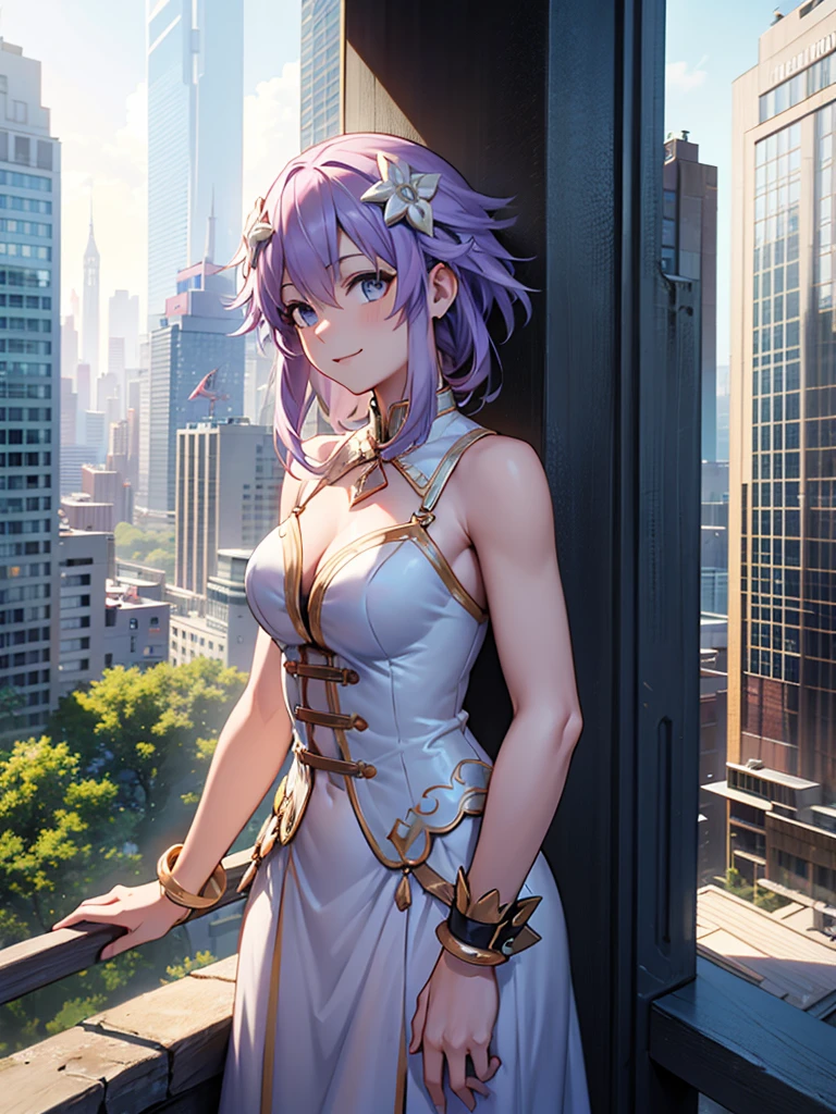  high resolution,  masterpiece ,  The best quality, necessary, HD model,  tall details ,  lyrics,  improvement,  Textured leather, UHD, distant view,  she is from a skyscraper watching the whole city, happy look,  goddess long dress