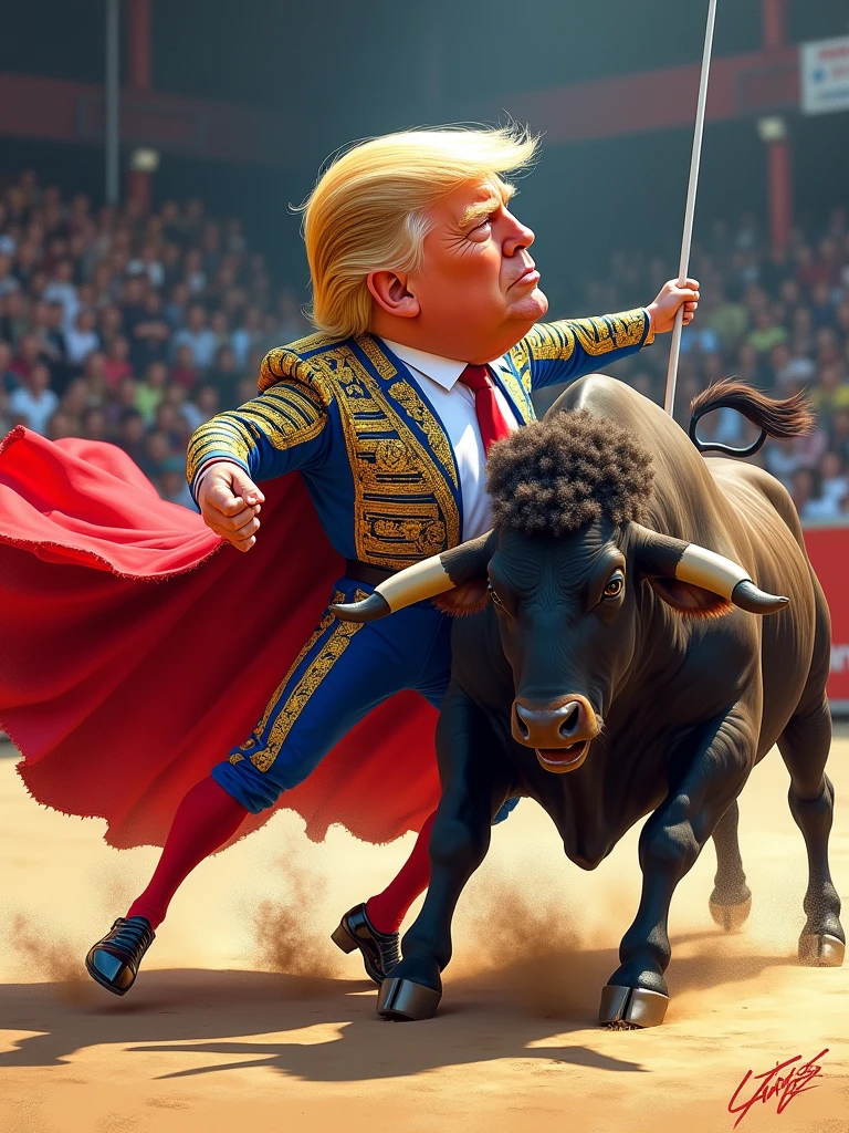 Donald Trump, vestido de torero con su gran capa roja, toreando a un toro con el rostro de Joe biden, fondo plaza de toros , phot realista, 8K resolution, Altamente detallado, Obra maestra