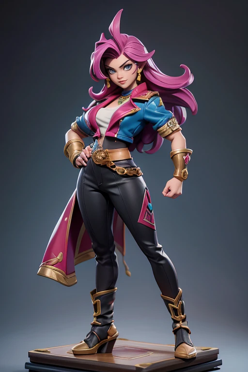 Q version of League of Legends Vi figure on the table, dressed as a professional wrestler, standing with one hand on hip and legs open, full body shot,