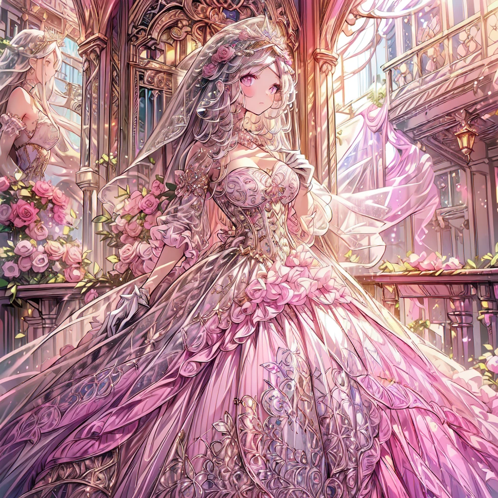 full dress shot, shot from above, (frontal shot:1.5), full-body illustration, (((full body, depicts whole body, full body portrait, whole body))), portrait, 1girl, solo, cute pose, beautiful gorgeous captivating cute adorable princess, looking at viewer, cute blush, (blushing:1.5), heavy blush, (pink eyes:1.5) ,(((hyper detail delicate beautiful eyes , big eyes, clear eyes, extremely detailed))), (soft thin lines:1.2, beautiful, delicate and pretty face, young face, smiling), ((large amount of straight hair, extremely voluminous very long hair, absolutely long straight hair)), (white hair:1.5), (extremely gorgeous full hair ornament, bling-bling extremely gorgeous full jeweled tiara), (long bridal veil:1.2), (face veil:1.5), frilly collar, luxurious jewelry, skin dentation, pale skin, slim, (extremely gigantic large breasts:1.5), breasts cleavage, breasts focus, (((extremely detailed hands, delicate hands, beautiful hands, 5-fingers))), (frilly long gloves:1.5) (pure pink gown dress:1.5), (((pure white lace and frills, dress with motif of ribbons and flowers, detailed gorgeous princess ballgown with voluminous full length hoop skirt, gorgeous princess long rococo ballgown with long train, gorgeous princess long rococo ballgown with beautiful embroidery and jeweled, extravagant gown))), (long train gown:1.2) , (puffy gown:1.2), (floor length gown:1.5), (gown trailing:1.2), (long sleeves gown:1), (pink laced leather corset:1.5), masterpiece, (Full-HD:1.5), (highres:1.5), (absurdres:1.5), (high quality:1.5), (high resolution:1.5), (best image:1.5), (ultra quality:1.5), HDR, 16K, 32K, (ultra resolution:1.5), (ultra detailed:1.5), (highly detailed:1.5), fantasy scene, dreamy fantasy, fantasy palace background, (standing:1.2), (glow, god rays, radiant, ethereal, dreamy, heavenly, otherworldly, dream-like, breathtaking, captivating, divine), (depth of field), sharp focus, vibrant lighting