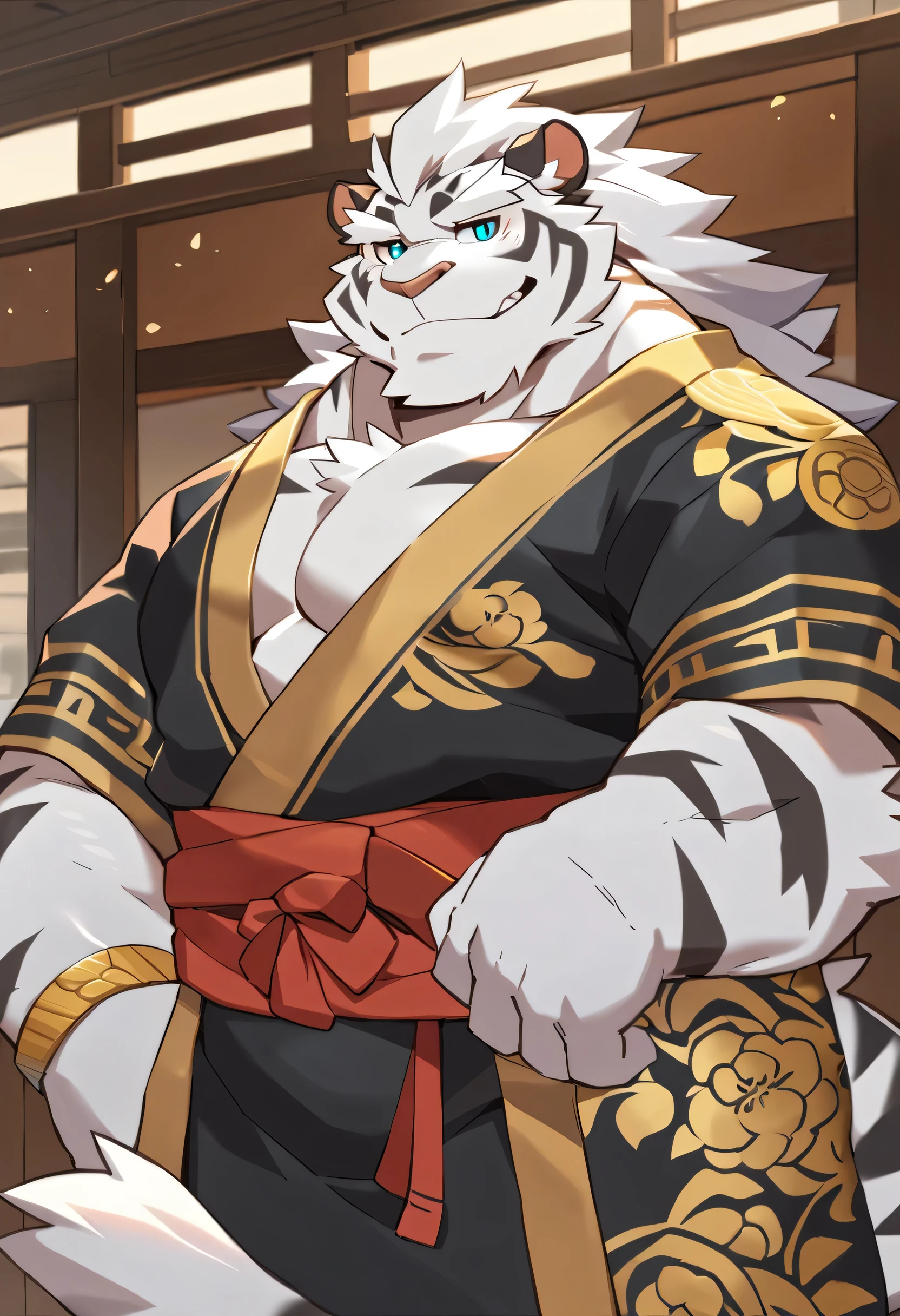 New Jersey 5 Furry,1male, sfw, (Oriental White Tiger), only, (indoor),Lighting,  A Puffy Tail , Elderly, Fluffy mane, , Gray body, White hair,  Detailed Background , Dark Shadows,  alone , scales, detailed scales, Gold Decals ,  Open a black and gold kimono,  Short, Pointed Ears , iris, White sclera,  big eyes, Whitebeard, White beard, Sharp iris,  thick thighs , x}  muscular legs  , fluffy hair , Detailed face:2.0, A tail, masterpiece:2.0, , perfect eyes on Guzhen Street ,  Confidence , Chest villi,(artist: ZIXiong, Takemoto Arashi,moki)