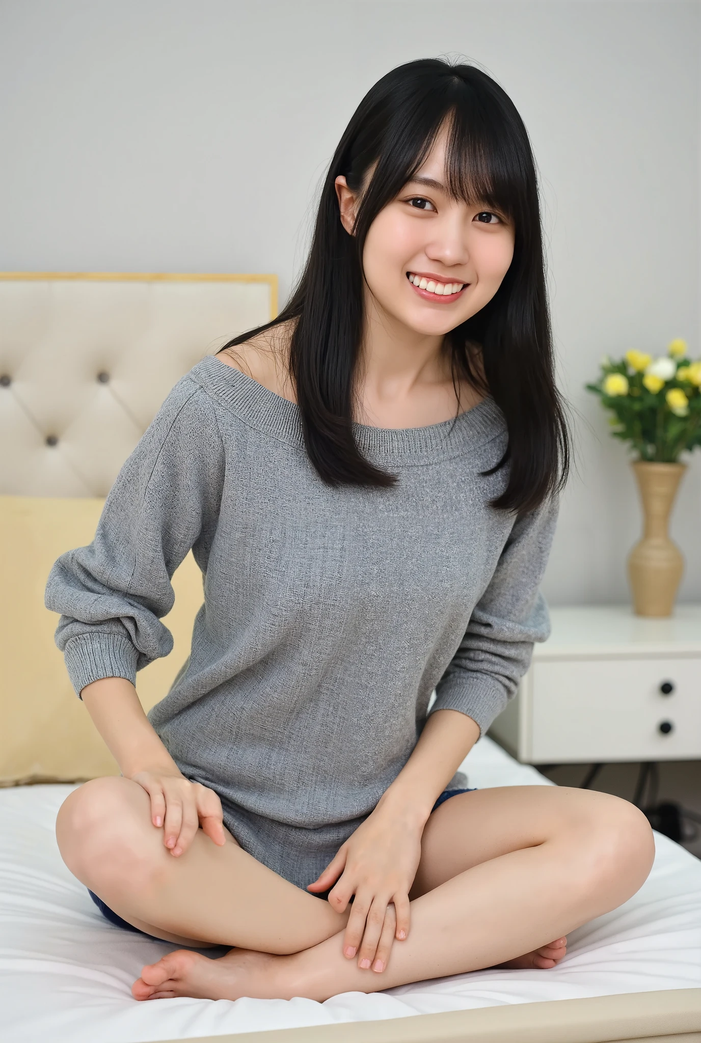 Full body shot from the front、Wear off-the-shoulder mini one-piece pajamas, bend your knees, spread your legs, take a cross-legged pose, and sit while looking at me, Slender bare legs 、smile、The background is a monotone 

