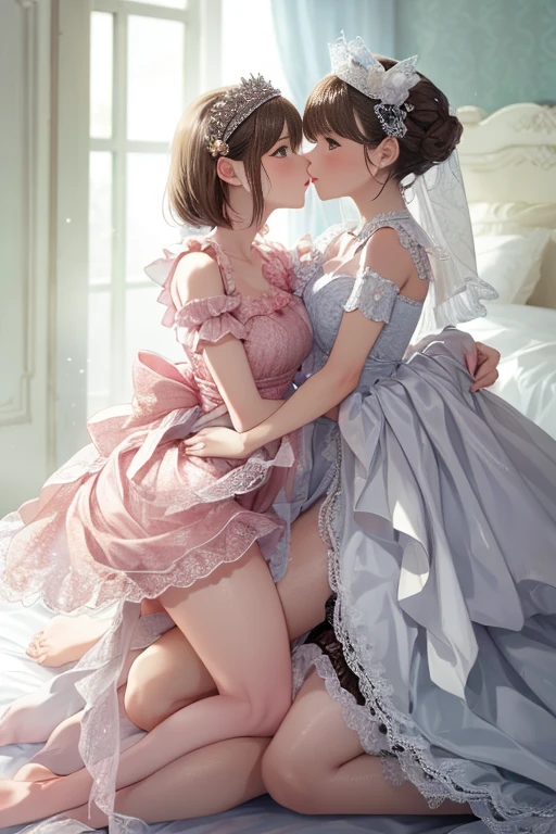 (Style-Princess) (1 man, 1 catgirl) (hetero, couple) (crossdressing, fully clothed) (brown hair, blue eyes) (portrait) (women's clothes only) (women's beautifully feminine skintight velvet floral print frilly girly pink adorable ballet leotards:1.4) (white opaque tights, no shoes) (tiaras, pink shoulder-length silk gloves:1.3) (woman's bedroom, four-poster bed) (lying down, hugging, bending knee) (intimacy, playfulness, closeness)