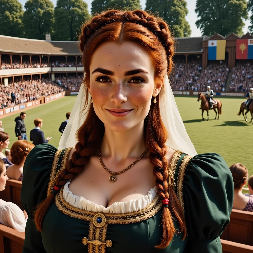 Photorealistic, cinematic style, a picture of a beautiful British woman dressed as a medieval noblewoman.  She's sitting in the stands of a medieval jousting tournament. Bright coloured banners, rising stands, lavish heraldic decorations. Group of people dressed in medieval clothing. Knights in full armour riding their horses. Behind the stands a green lawn, oak trees. Smiling.  She's got brown eyes, downturned eye shape, light skin and freckles, long reddish-brown hair, braided hairstyle. She wears a beautiful dark green garb with gold trimmings, hair made into a series of buns on top of her head, white transparent veil covering her hair and neck. perfect hand,HDR, intricate details. 