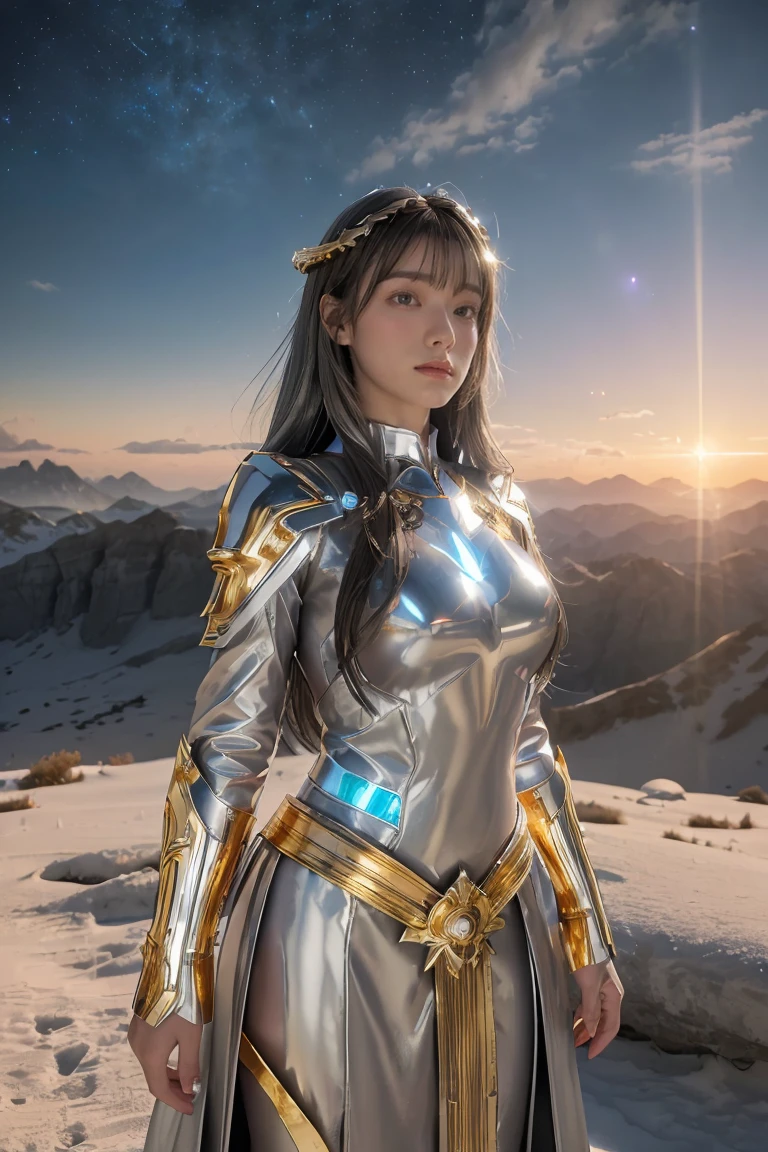 ((masterpiece, best quality, extremely detailed), volumetric lighting, ambient occlusion, colorful, glowing), 1girl, solo, young girl, (dark hair), long hair, halo, aura, sacred, goddess, cleric suit, (silver outfit with gold detailst:1.3), armor, outdoors, sunset, sky, clouds, space, (fantasy theme:1.2),