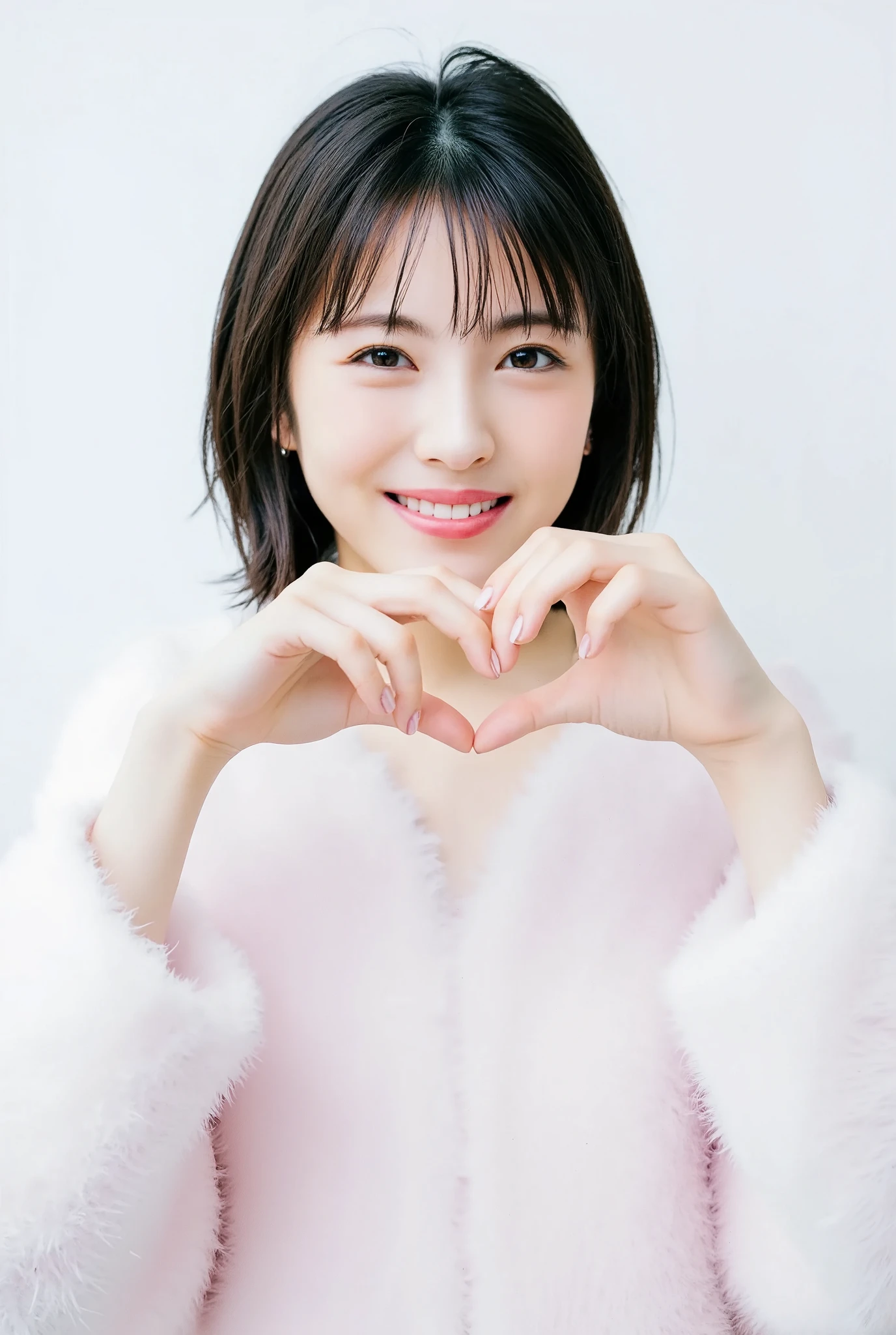 Only one woman with a cute smile wears cute, fluffy off-shoulder pajamas, makes a big heart shape with both hands, and poses them in front of her chest, View above collarbone、The background is a monotone 

