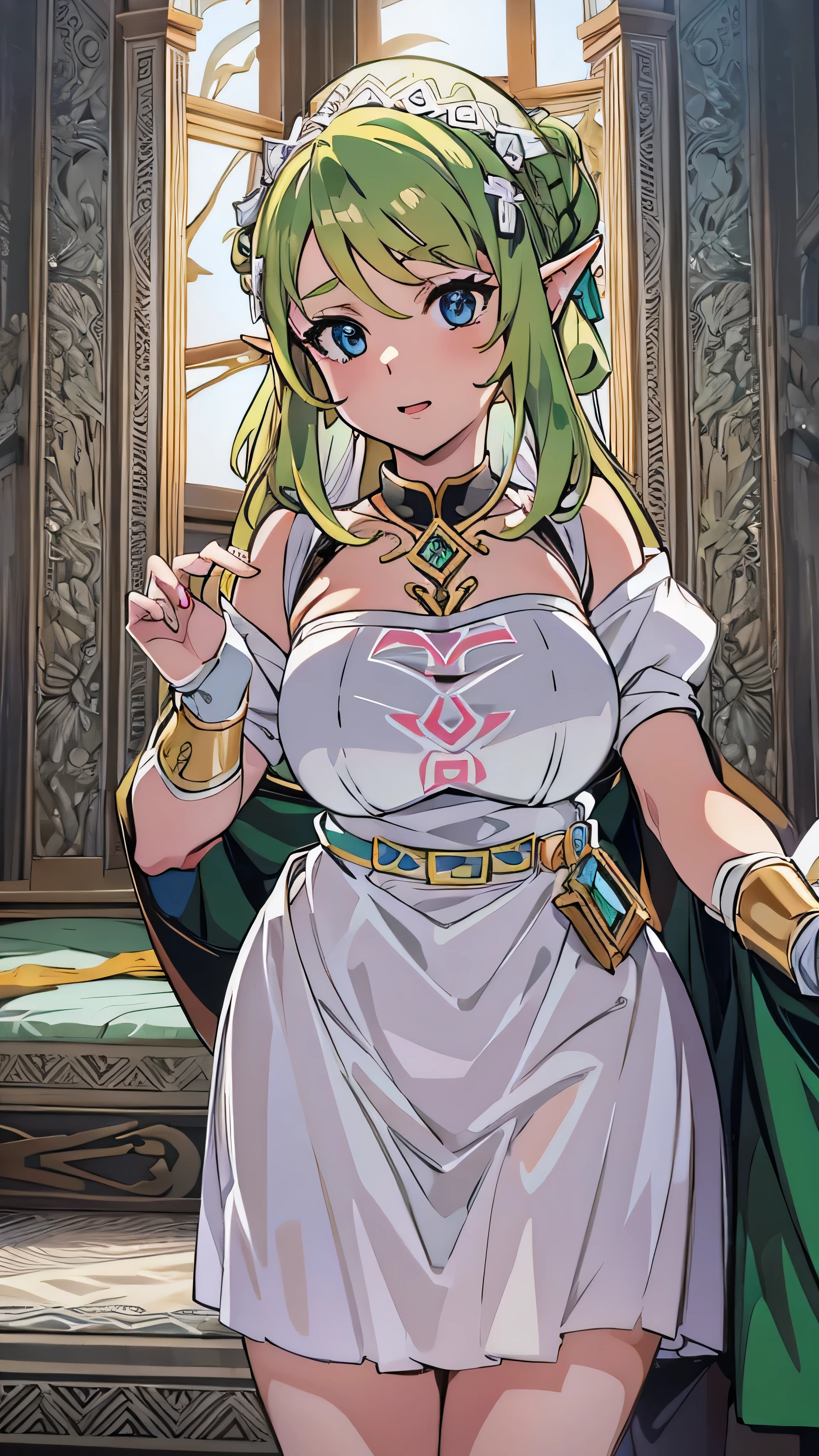 ( People who wear full-body images :1.5), ( Princess Zelda,  standing , Alone:1.2) ,( big breasts at the temple:1.5), (She is wearing a black maid outfit、wearing a very short white skirt。/Her body-hugging clothes:1.3), (She's in front of her bed in her hotel room :1.3),  she has  ( blue eyes, Dark green mohawk hair:1.2), ( she's laughing ,  watching viewers . Exhibitionist pose:1.2),  anime style, 16k, Best Quality,   high detail  ,  wrinkled skin ,  ultra high resolution, masterpiece,  anatomically accurate 