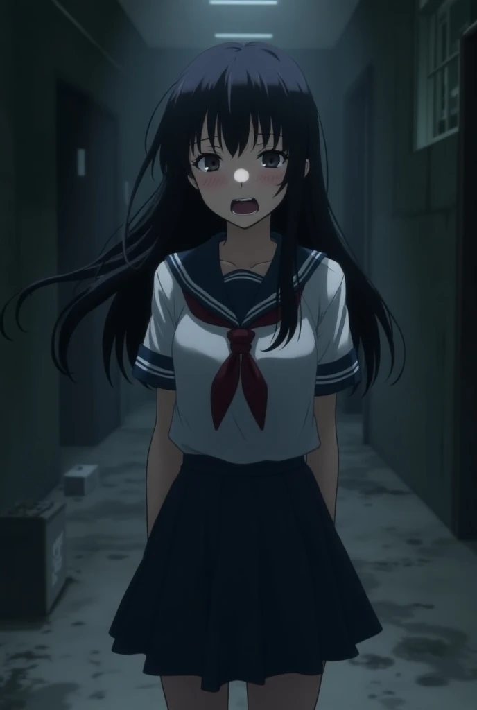 Japanese teenage girl in school uniform crying and there is blood splash on her face ,HD,4k, realistic,the night,Full Body Angle, women's toilet background, face looking at the camera with glassy eyes and shedding tears