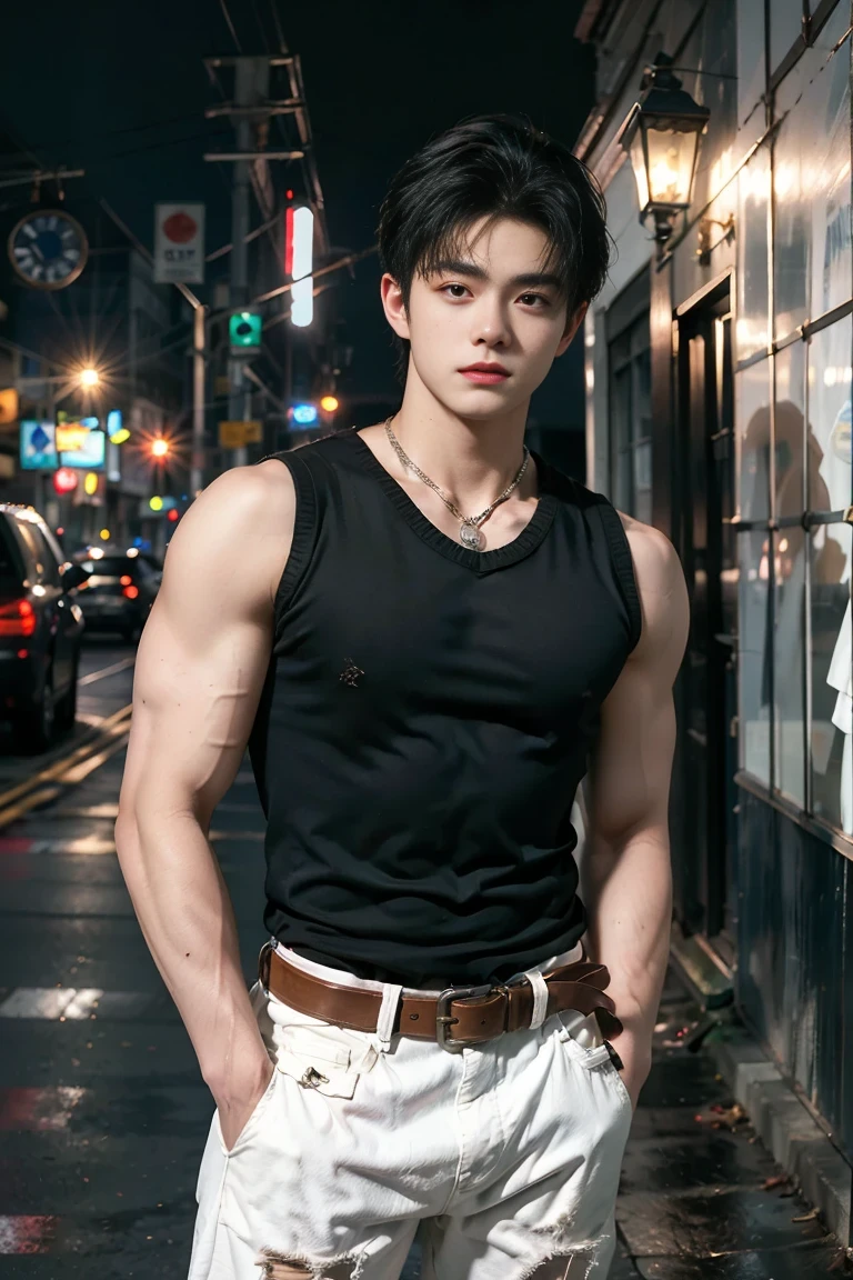 Atticus Dean Mitchell 20 year old boy without freckles brown hair dark military cut black vest Steampunk white shirt green eyes red shirt wolf print muscular build athletic slim blue jeans with chains black leather belt silver buckle background of New Orleans at night looking straight at the viewer