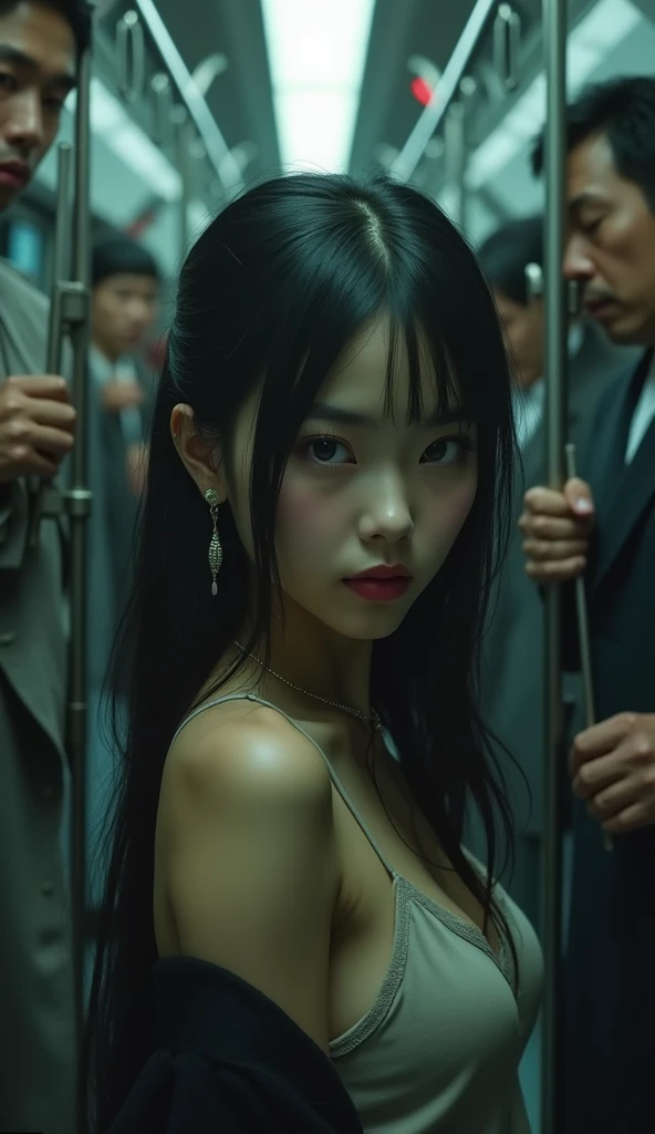 (32K:1.9, Horror depictions:1.9, Highest quality, masterpiece, Ultra-high resolution, Professional random angle camera work:1.5, Very detailedな肌と顔の質感:1.4), Always accurate, Very detailed, bag, (Cute Japanese Woman, Camisole dress and cardigan:1.6, Incredibly slim body:1.3, areola is not visible:1.4, Big breasts on the verge of collapse), ((Crowded train:2.0, Crazy behavior:1.9, in the train、Two young women hugging a woman from behind:1.7)), belt, Fair skin, elegant, sense of cleanliness, Thin eyebrows, (Surprised:1.0, Puzzled:1.0, A look that shows deep contempt for you:1.3, Big eyes that exude beautiful eroticism:0.4, Please open your mouth a little, lipstick, Feel the beautiful eroticism:1.0, Dark brown medium hair), Earrings, necklace, bracelet, romantic, mysterious, Object of admiration, original, dramatic, artistic, Innovative, charm, Heartful, Fancy, Tilt, sense of loss, special, ((exciting, Extreme, sense of openness, suffering, sufferingの表現)), ((Mistakes of Youth, 女性的なcharm))