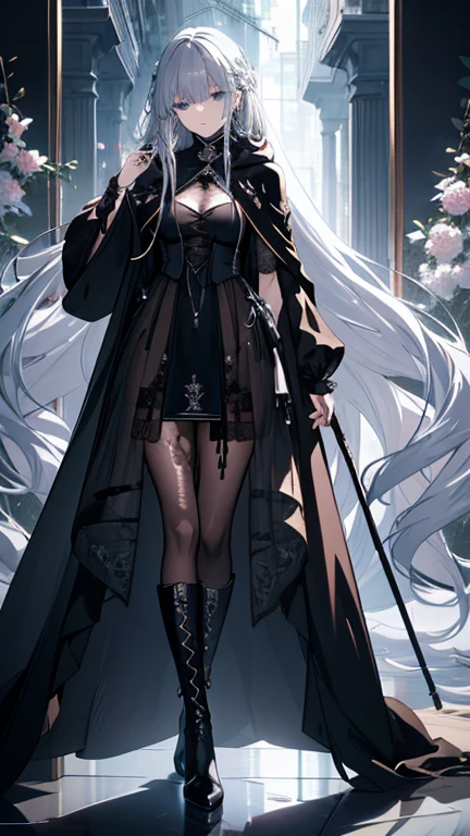 8k,High Resolution RAW Color Art,Anime Art, (((Very detailed and Cool))), detailed skin, blur、Textur,( Exquisitely crafted , The finer details,  ultra-detailed art ), ((( A person ))),  Depth of written border,  silky touch , Hyper Detail, ((( unschuldiges Gesicht ))), marble skin ,  Beautifully detailed light blue eyes,  Beautiful lip details ,  very delicate face ,  Delicate presentation of hair and eyes ,  Detailed fashion,  full body presentation ,  black hood 、long cape、  silver-blonde hair 、 very long hair、 silk clothing 、matte、 soft clothes 、Cool、、Closed clothing、 brown knee-high lace-up boots , Forest、 eye accents 、detailed face
