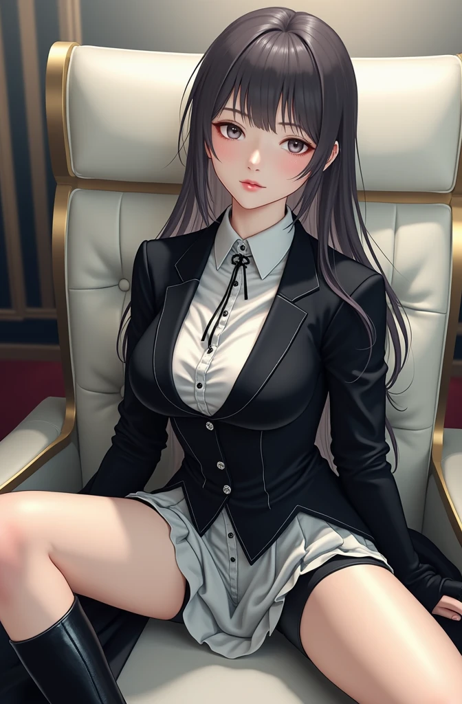 (best quality:1.1), (Masterpiece:1.2), High quality shadow, Beautiful details, Beautiful face, Detailed eyes, depth of field, High resolution, best shadow, best lighting, 1 girl, see viewers, black hair, smooth, blunt, long hair, pink eyes, shy, big breasts, black short skirt, Women's blouses, fashion suit jacket, pump, office woman,rift