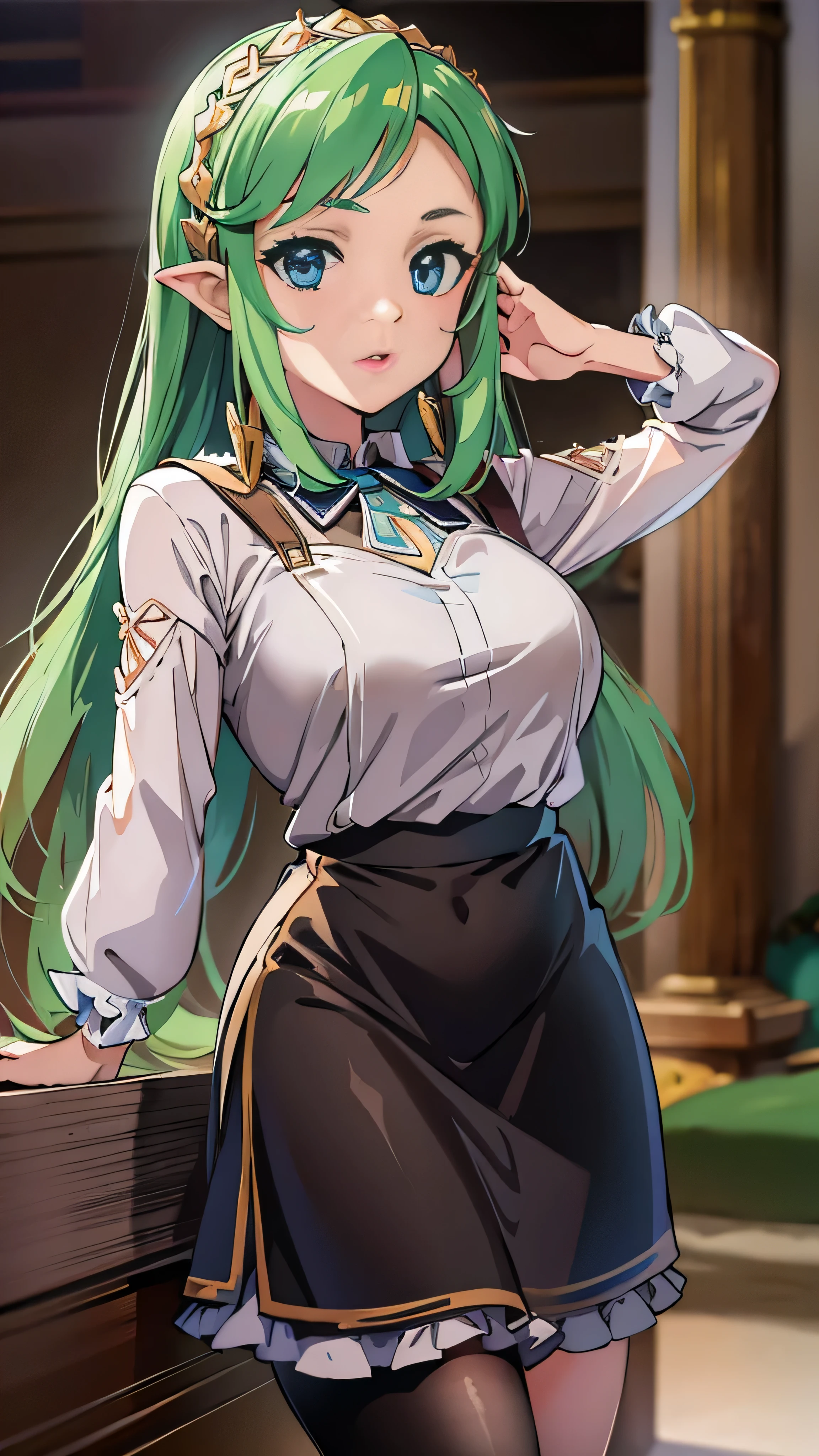 ( People who wear full-body images :1.5), ( Princess Zelda,  standing , Alone:1.2) ,( big breasts at the temple:1.5), (She is wearing a black maid outfit、wearing a very short white skirt。/Her body-hugging clothes:1.3), (She's in front of her bed in her hotel room :1.3),  she has  ( blue eyes, Dark green mohawk hair:1.2), ( she's laughing ,  watching viewers . Exhibitionist pose:1.2),  anime style, 16k, Best Quality,   high detail  ,  wrinkled skin ,  ultra high resolution, masterpiece,  anatomically accurate 