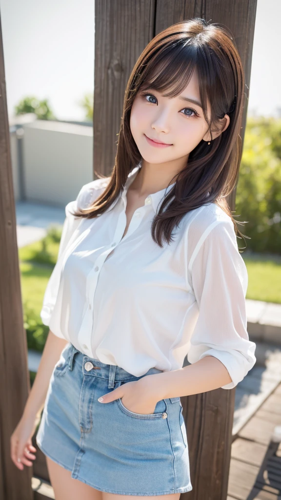 neat college girl、petite person、(student clothes、Sheer white shirt、Navy blue ribbon at the collar、Dark blue pleated micro mini)、Outside the field、(Slimed、small tit、flat boobs、small boobs)、Photorealsitic、detaileds, Skin texture, ultra-detailliert、Delicate and sexy collarbone、a smile、Super detailed face、detailed lips、A detailed eye、二重まぶた、Sitting on legs bending the knees、squatting、White panties are visible from the skirt、