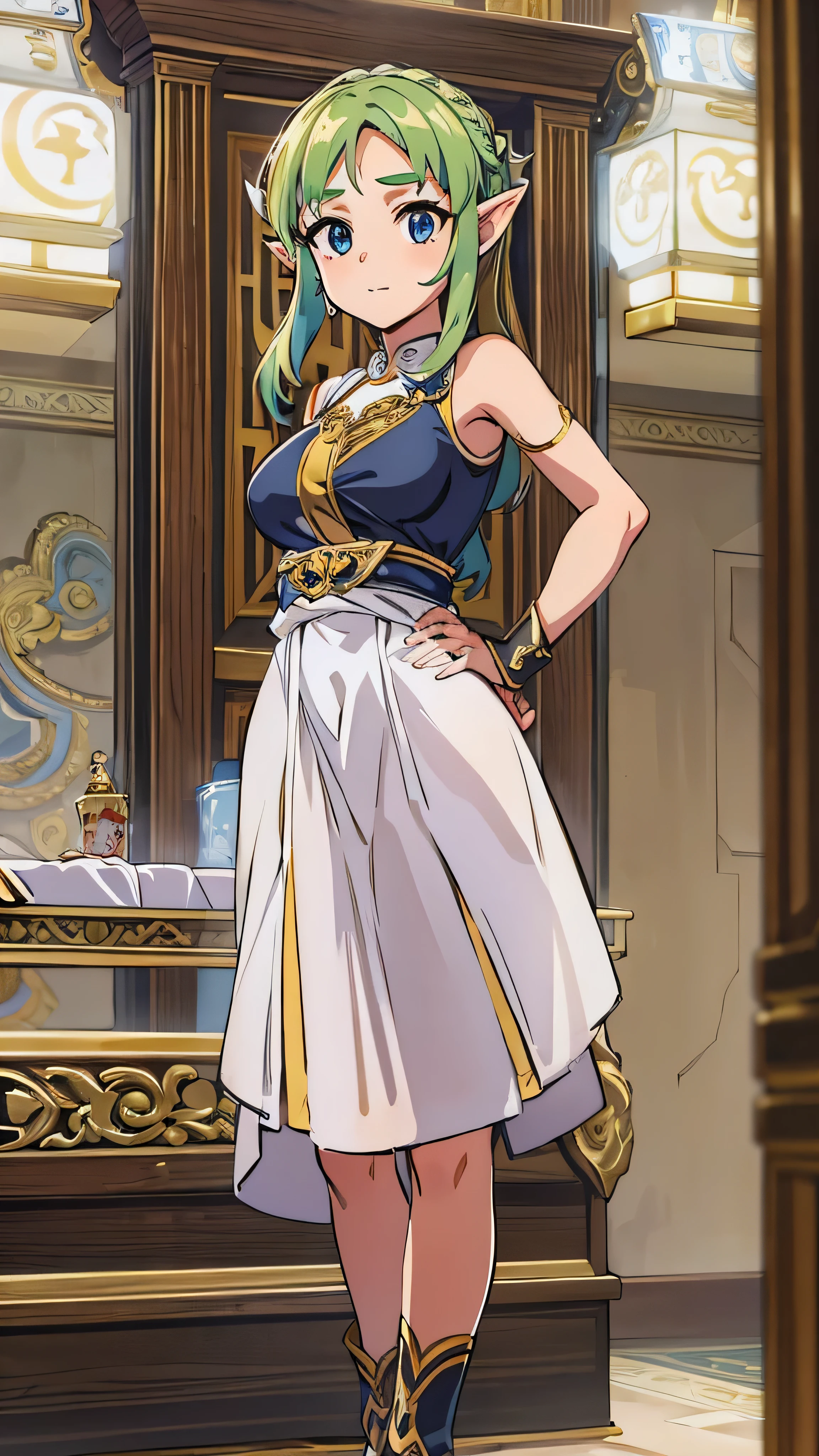 ( People who wear full-body images :1.5), ( Princess Zelda,  standing , Alone:1.2) ,( big breasts at the temple:1.5), (She is wearing a black maid outfit、wearing a very short white skirt。/Her body-hugging clothes:1.3), (She's in front of her bed in her hotel room :1.3),  she has  ( blue eyes, Dark green mohawk hair:1.2), ( she's laughing ,  watching viewers . Exhibitionist pose:1.2),  anime style, 16k, Best Quality,   high detail  ,  wrinkled skin ,  ultra high resolution, masterpiece,  anatomically accurate 