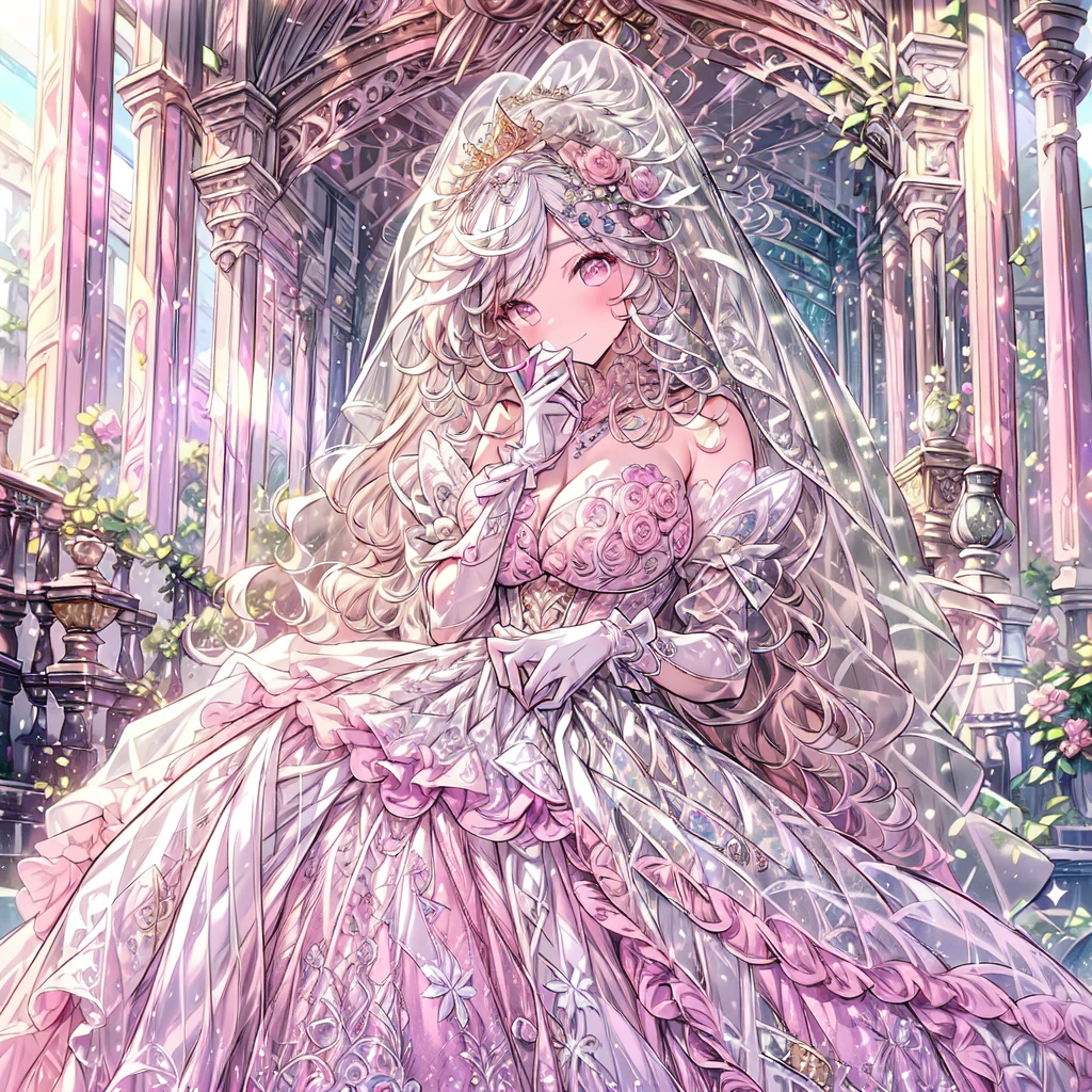 full dress shot, shot from above, (frontal shot:1.5), full-body illustration, (((full body, depicts whole body, full body portrait, whole body))), portrait, 1girl, solo, cute pose, beautiful gorgeous captivating cute adorable princess, looking at viewer, cute blush, (blushing:1.5), heavy blush, (pink eyes:1.5) ,(((hyper detail delicate beautiful eyes , big eyes, clear eyes, extremely detailed))), (soft thin lines:1.2, beautiful, delicate and pretty face, young face, smiling), ((large amount of straight hair, extremely voluminous very long hair, absolutely long straight hair)), (white hair:1.5), (extremely gorgeous full hair ornament, bling-bling extremely gorgeous full jeweled tiara), (long bridal veil:1.2), (face veil:1.5), frilly collar, luxurious jewelry, skin dentation, pale skin, slim, (extremely gigantic large breasts:1.5), breasts cleavage, breasts focus, (((extremely detailed hands, delicate hands, beautiful hands, 5-fingers))), (frilly long gloves:1.5) (pure pink gown dress:1.5), (((pure white lace and frills, dress with motif of ribbons and flowers, detailed gorgeous princess ballgown with voluminous full length hoop skirt, gorgeous princess long rococo ballgown with long train, gorgeous princess long rococo ballgown with beautiful embroidery and jeweled, extravagant gown))), (long train gown:1.2) , (puffy gown:1.2), (floor length gown:1.5), (gown trailing:1.2), (long sleeves gown:1), (pink laced leather corset:1.5), masterpiece, (Full-HD:1.5), (highres:1.5), (absurdres:1.5), (high quality:1.5), (high resolution:1.5), (best image:1.5), (ultra quality:1.5), HDR, 16K, 32K, (ultra resolution:1.5), (ultra detailed:1.5), (highly detailed:1.5), fantasy scene, dreamy fantasy, fantasy palace background, (standing:1.2), (glow, god rays, radiant, ethereal, dreamy, heavenly, otherworldly, dream-like, breathtaking, captivating, divine), (depth of field), sharp focus, vibrant lighting