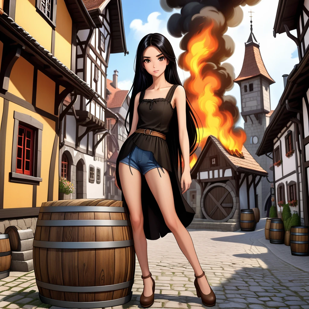  evaluation_9, score_8_up, score_7_up, ( Realistic :1.4), ,  high quality, highly detailed,  skinny girl long legs skinny legs skinny hips girl ((with long black hair straight to the waist)), with brown eyes, ((( is hiding behind a wooden barrel ))  in a 19th century medieval town in the center of the town  ((the whole city is on fire ))) long black beautiful silk dress with straps )) shiny skin, (masterpiece), ( High resolution), ( original), (Крайне детальные CG Unity 8K обои), (((polished finish.))) ((polished finish.)) (((polished texture))) (((art texture)) ((best anatomy)) (((polished finish))) detailed face ,  detailed eyes, Detailed eyebrows , ,  brunette ,  brown eye , One, score_9, score_8_up, score_7_up, ,  overdetailed , (score_9, score_8_up:1.1), score_7_up,  1girl, ( highest quality: 1.4),(whole body) Expressiveh