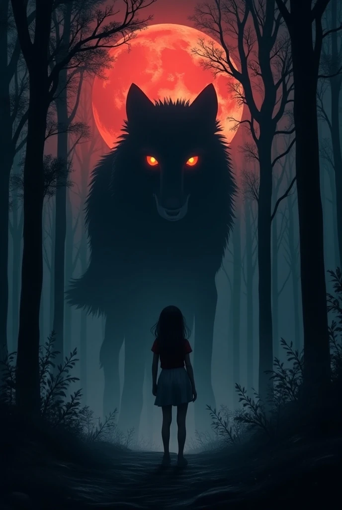 Not believing what she saw, Jeane felt a shiver and followed the sound, curious and afraid at the same time. When she arrived at the clearing, she saw the creature. It was a horrible mix of man and wolf, with red eyes glowing in the darkness and sharp teeth reflecting the moonlight. The werewolf was on top of the lost sheep, which was lying on the ground, dejected.