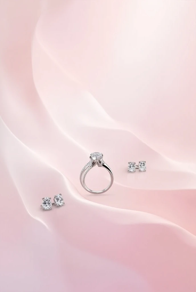 Create a picture of real diamond jewelry a pastel background image, to be used in a jewelry store banner. put pictures of set the ring platinum and platinum earrings .