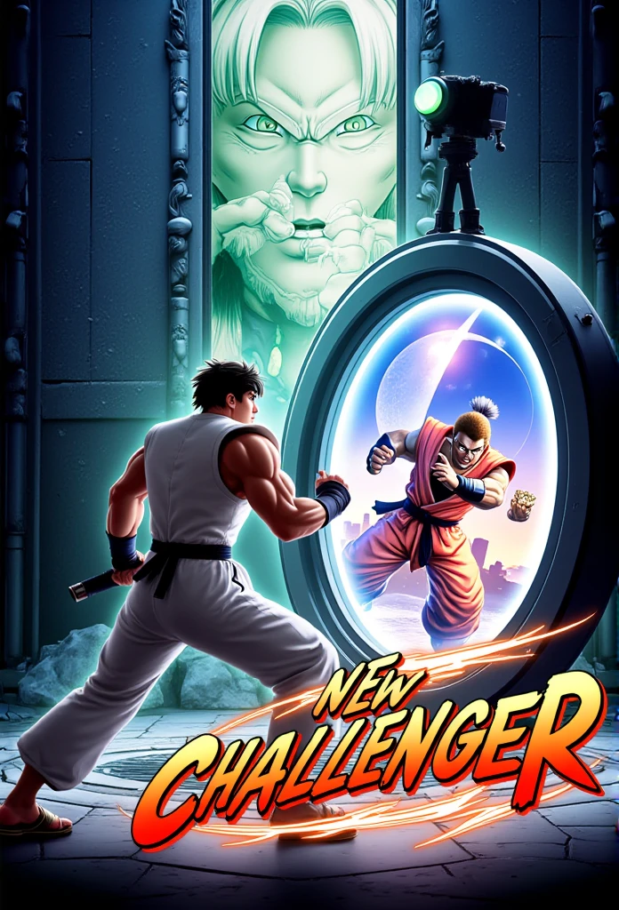  street fighter,Ryu,Fighting Matches, Portal to Another Dimension, Dimension Portal on the right side of the screen, The portal is a vertical circle, The portal is 2 meters tall, Frieza from Dragon Ball appears from a portal,(((Cut-in effect with the text "NEW CHALLENGER", front of screen, Very flashy)))