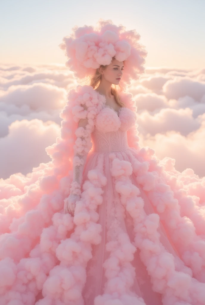 Design a whimsical and dreamy dress made entirely of fluffy, pink cotton-candy-like clouds. The dress has a voluminous, flowing shape, with soft, pastel pink clouds forming a delicate texture around the wearer, as if she's wrapped in sweet, airy fluff. The clouds appear light and slightly translucent, giving an ethereal and magical effect, almost floating around her. The background is a clear, pastel sky at sunrise, with soft warm tones complementing the rosy hues of the dress. The overall look is surreal, playful, and enchanting.