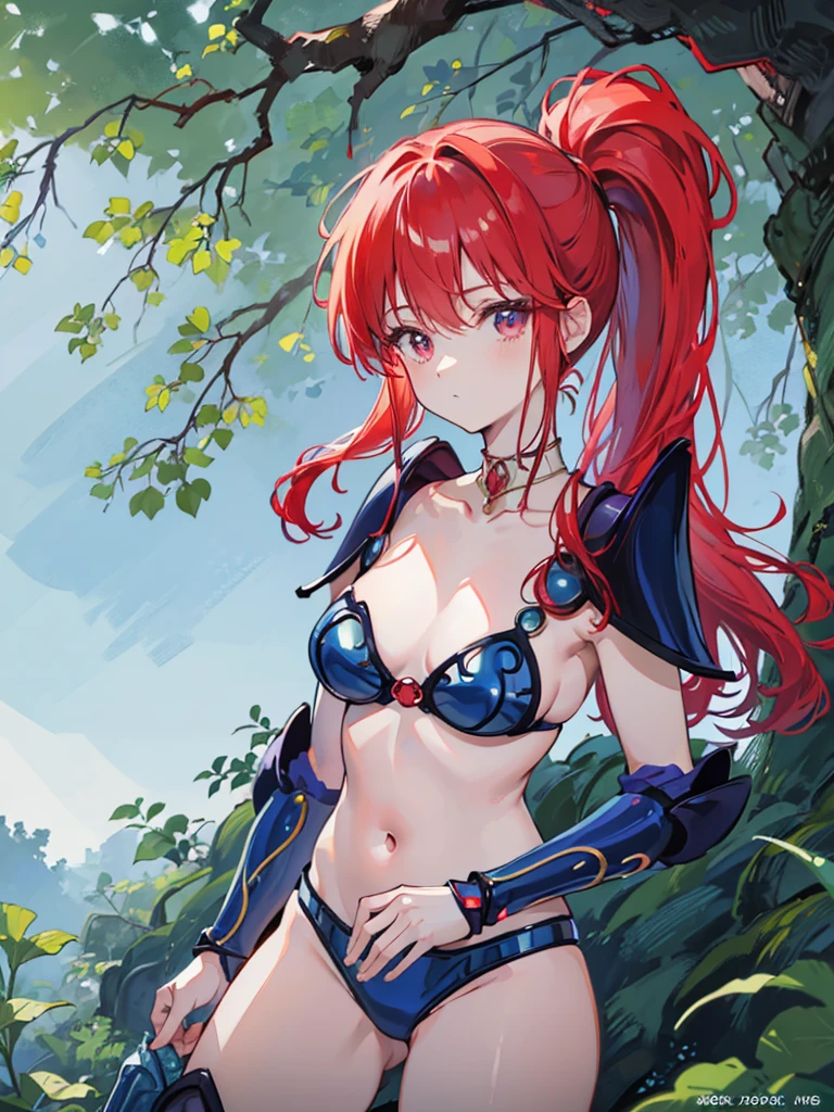 masterpiece, Best Quality, asagiri youko, Red Hair、 side tail、 small breasts、 blue bikini armor、Blue Armor、blue shoulder armor 、Blue Boots、 blue gauntlets 、 choker,  forest、 Cowboy Shots , 