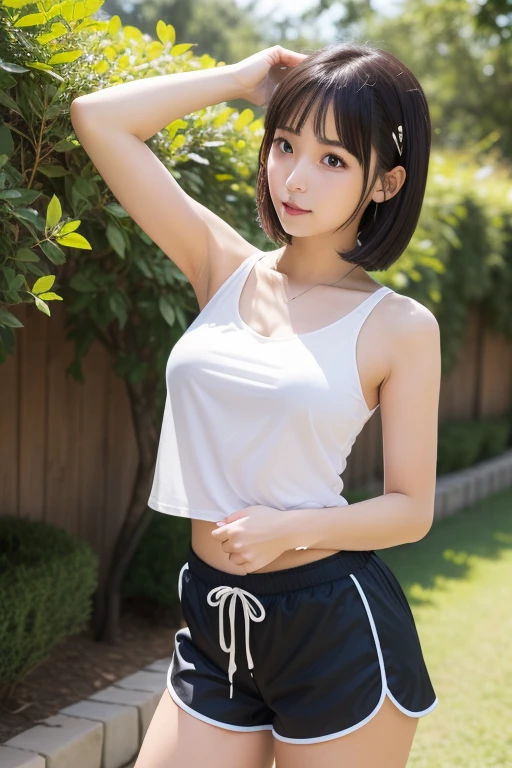 1girl, (best quality), medium breasts, professional writing, (ultra hi-res), hi-res,Japan model, young sensual gravure idol, young cute gravure idol, realistic young gravure idol, realistic sensual gravure idol, young gravure idol, sophisticated gravure idol, young skinny gravure idol, beautiful asian girl (cinematic lighting), black tank top, sleeveless, cleavage, pleated skirt, standing, sexy pose, f/1.4, f/1.8, POV, 4k, 8k, masterpiece, realistic light, natural light, realistic shadow, outdoor, garden, trees, looking at viewer, smile