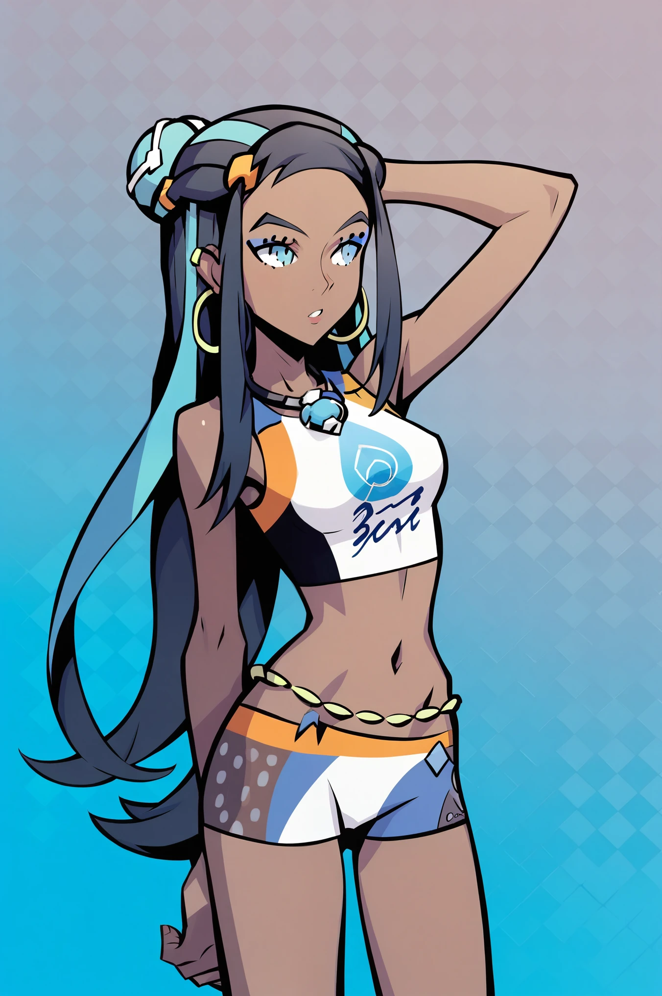 score_9, score_8_up, score_7_up, score_6_up, BREAK, TWEWY style, (masterpiece: 1.0), best quality, 1girl, nessa_(pokemon), pokemon, 1girl, black_hair, blue_eyes, pool background, perfect anatomy, perfect composition, perfection