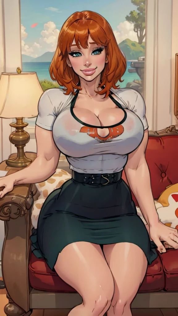 Bryce Dallas howard , schoolgirl, orange hair, big breasts, deep cleavage, dress slit on one side showing her thighs, sitting on a sofa, spreading her legs, white tshirt. Tight cute tshirt, short green skirt, garter belt and fishnet stockings, seductive look, cute smile