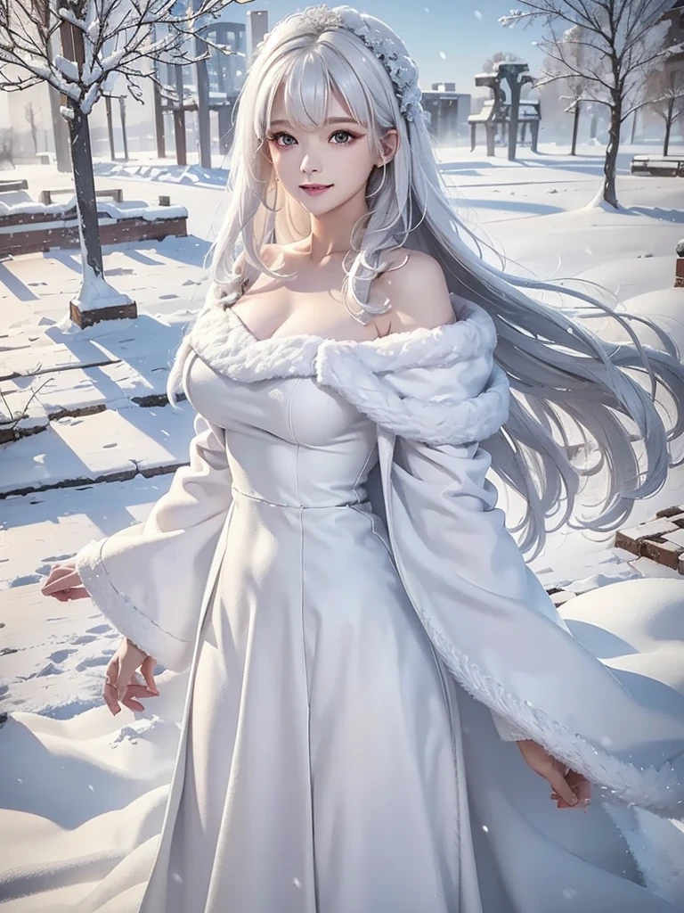 masterpiece:1.5, best quality, realistic:1.3, 1girl, white hair, medium breasts, winter dress and coats, outdoors, snow falling, off shoulder dress, far corts, ruins
