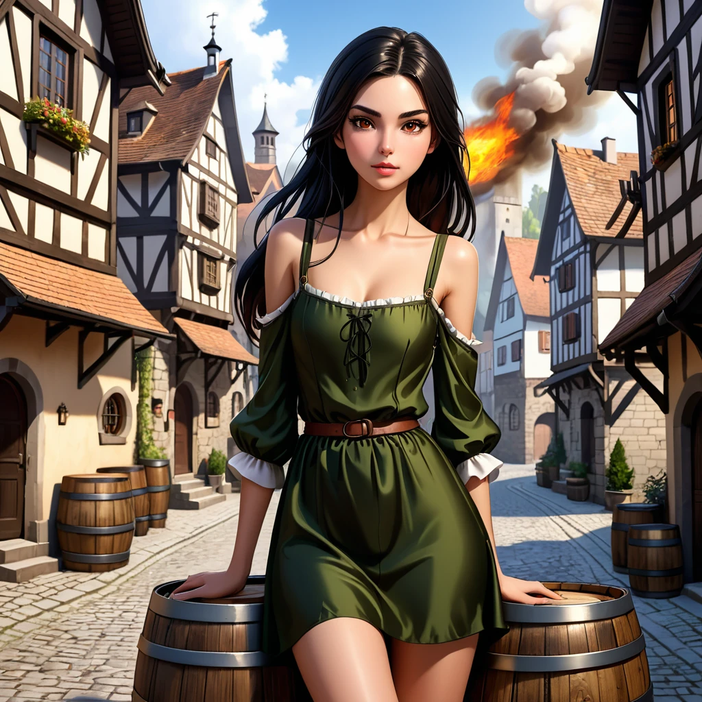 evaluation_9, score_8_up, score_7_up, ( Realistic :1.4), ,  high quality, highly detailed,  skinny girl long legs skinny legs skinny hips girl ((with long black hair straight to the waist)), with brown eyes, ((( is hiding behind a wooden barrel ))  in a 19th century medieval town in the center of the town  ((the whole city is on fire ))) long black beautiful silk dress with straps )) shiny skin, (masterpiece), ( High resolution), ( original), (Крайне детальные CG Unity 8K обои), (((polished finish.))) ((polished finish.)) (((polished texture))) (((art texture)) ((best anatomy)) (((polished finish))) detailed face ,  detailed eyes, Detailed eyebrows , ,  brunette ,  brown eye , One, score_9, score_8_up, score_7_up, ,  overdetailed , (score_9, score_8_up:1.1), score_7_up,  1girl, ( highest quality: 1.4),(whole body) Expressiveh