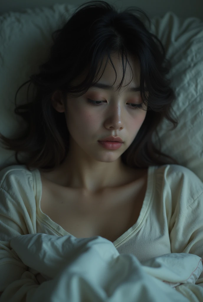((highest quality, masterpiece :1.3)), Photorealistic、Ultra-high resolution、Natural skin texture、Hyperrealism、Near Movies、Beautiful Japanese girl in her early s、One girl、Tight crop top、Lying in bed、Frightened expression、Tears flowing