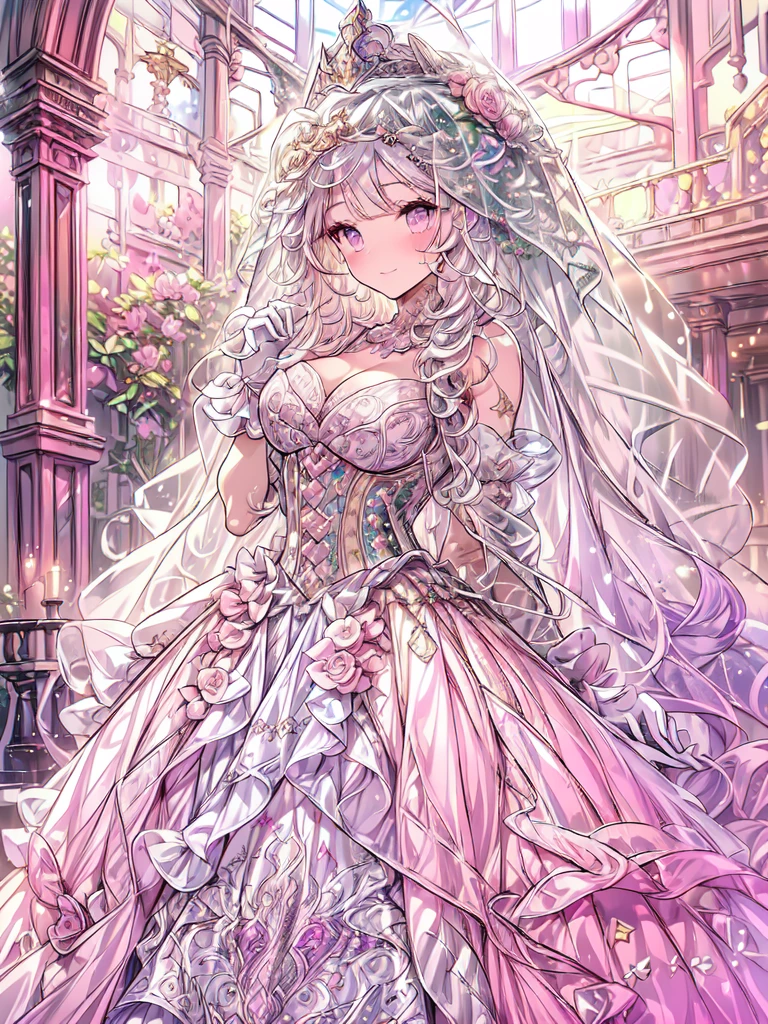 full dress shot, shot from above, (frontal shot:1.5), full-body illustration, (((full body, depicts whole body, full body portrait, whole body))), portrait, 1girl, solo, cute pose, beautiful gorgeous captivating cute adorable princess, looking at viewer, cute blush, (blushing:1.5), heavy blush, (pink eyes:1.5) ,(((hyper detail delicate beautiful eyes , big eyes, clear eyes, extremely detailed))), (soft thin lines:1.2, beautiful, delicate and pretty face, young face, smiling), ((large amount of straight hair, extremely voluminous very long hair, absolutely long straight hair)), (white hair:1.5), (extremely gorgeous full hair ornament, bling-bling extremely gorgeous full jeweled tiara), (long bridal veil:1.2), (face veil:1.5), frilly collar, luxurious jewelry, skin dentation, pale skin, slim, (extremely gigantic large breasts:1.5), breasts cleavage, breasts focus, (((extremely detailed hands, delicate hands, beautiful hands, 5-fingers))), (frilly long gloves:1.5) (pure pink gown dress:1.5), (((pure white lace and frills, dress with motif of ribbons and flowers, detailed gorgeous princess ballgown with voluminous full length hoop skirt, gorgeous princess long rococo ballgown with long train, gorgeous princess long rococo ballgown with beautiful embroidery and jeweled, extravagant gown))), (long train gown:1.2) , (puffy gown:1.2), (floor length gown:1.5), (gown trailing:1.2), (long sleeves gown:1), (pink laced leather corset:1.5), masterpiece, (Full-HD:1.5), (highres:1.5), (absurdres:1.5), (high quality:1.5), (high resolution:1.5), (best image:1.5), (ultra quality:1.5), HDR, 16K, 32K, (ultra resolution:1.5), (ultra detailed:1.5), (highly detailed:1.5), fantasy scene, dreamy fantasy, fantasy palace background, (standing:1.2), (glow, god rays, radiant, ethereal, dreamy, heavenly, otherworldly, dream-like, breathtaking, captivating, divine), (depth of field), sharp focus, vibrant lighting