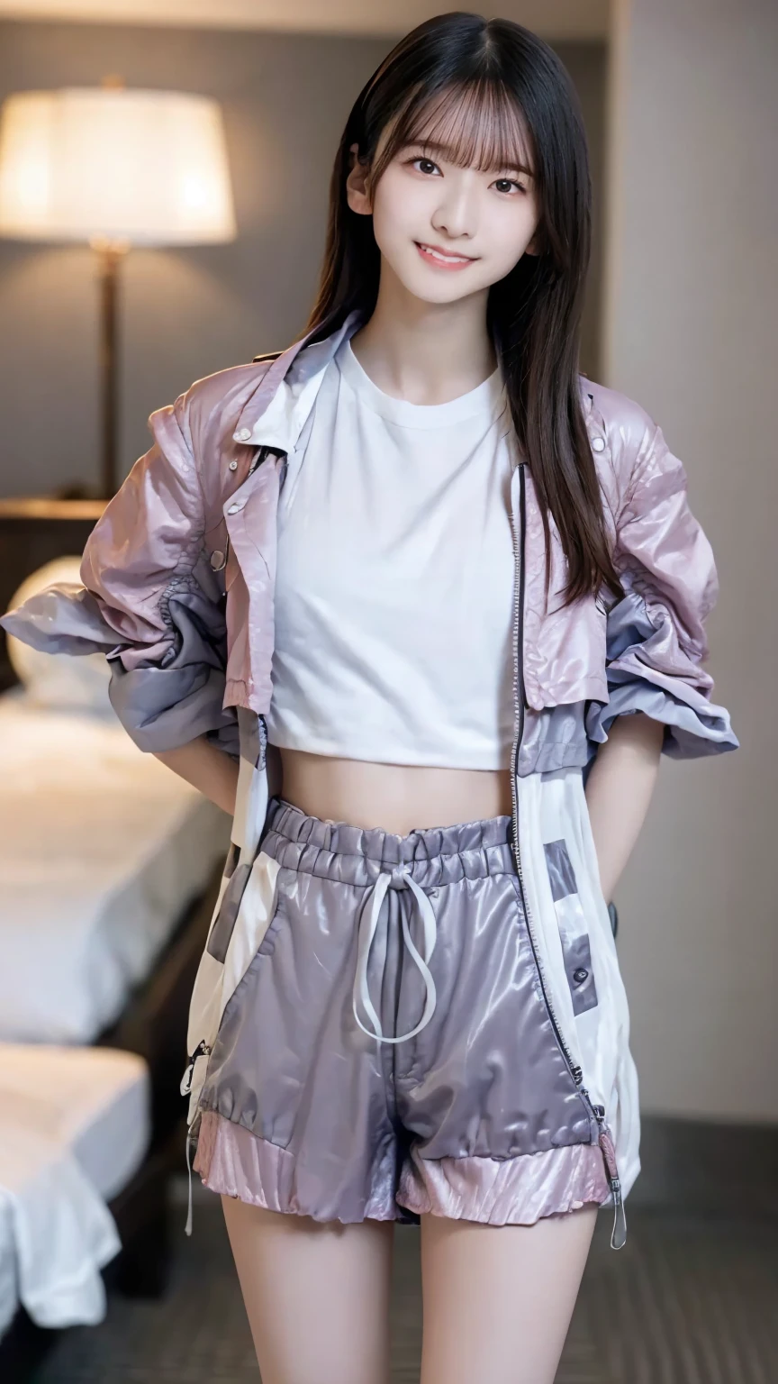  1 girl,no makeup,,  PERFECT BODY ,Hotel Bedroom, short stature , (medium breasts:1.3),Hands Behind Back, Colorful Outfit , shorts ,smile,Slim body,((18years old):1.3), Full Body Portrait :1.3, ,Best Quality,, RAW Photos, Realistic, baby face,cute,  high definition,  Details, Very  Details, extremely  Details eye and 顔, Sharp pupils,  sharp concentration,(cinematic lighting),