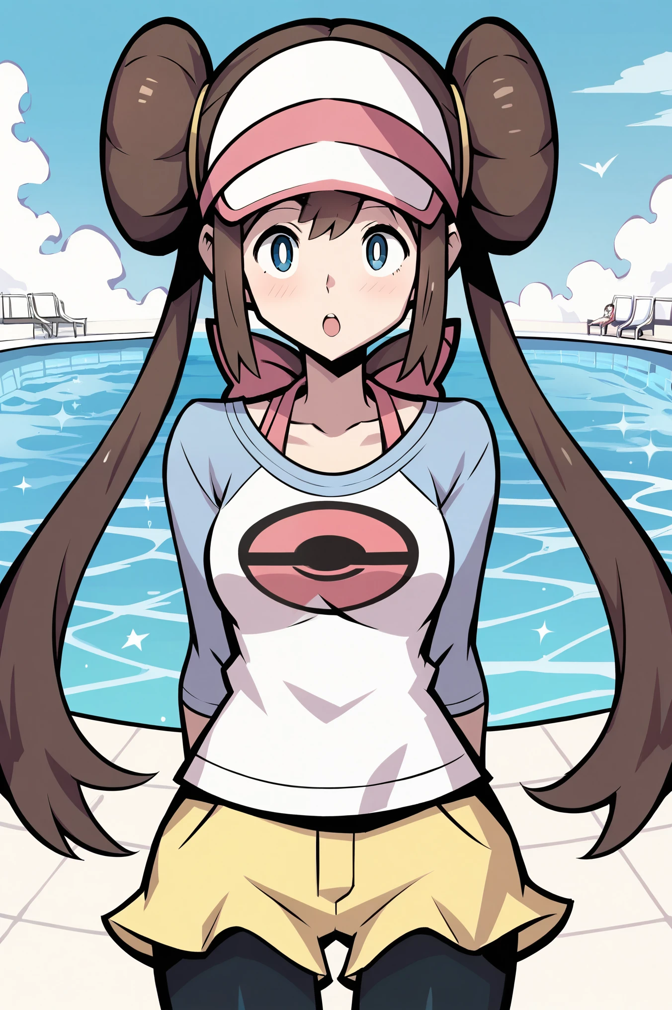 score_9, score_8_up, score_7_up, score_6_up, BREAK, TWEWY style, (masterpiece: 1.0), best quality, 1girl, rosa_(pokemon), pokemon, 1girl, brown_hair, blue_eyes, pool background, perfect anatomy, perfect composition, perfection