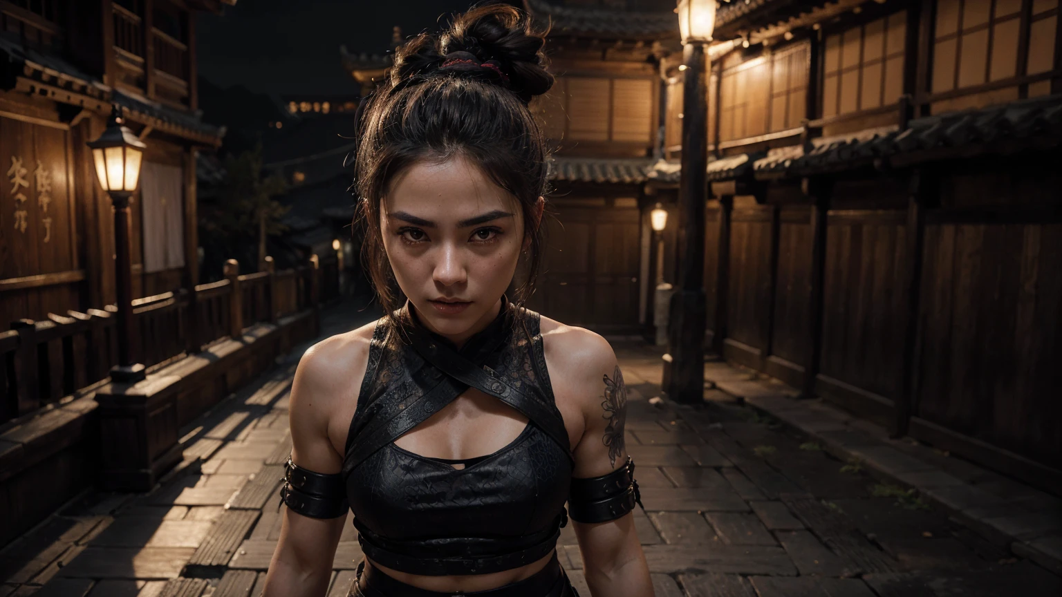 a highly muscular female samurai, 1 katana, net upper armor, transparent torso, double hairbuns, extremely detailed abs and muscles, dark outfit, glowing katana blade, photorealistic, 8k, high quality, intricate details, dramatic lighting, cinematic composition, digital art, On a roof in an ancient town in chinese mountains at night, masterpiece, UHD, retina, accurate, super detail, textured skin, anatomically correct, high details, high quality, award winning, best quality, highres, 16k