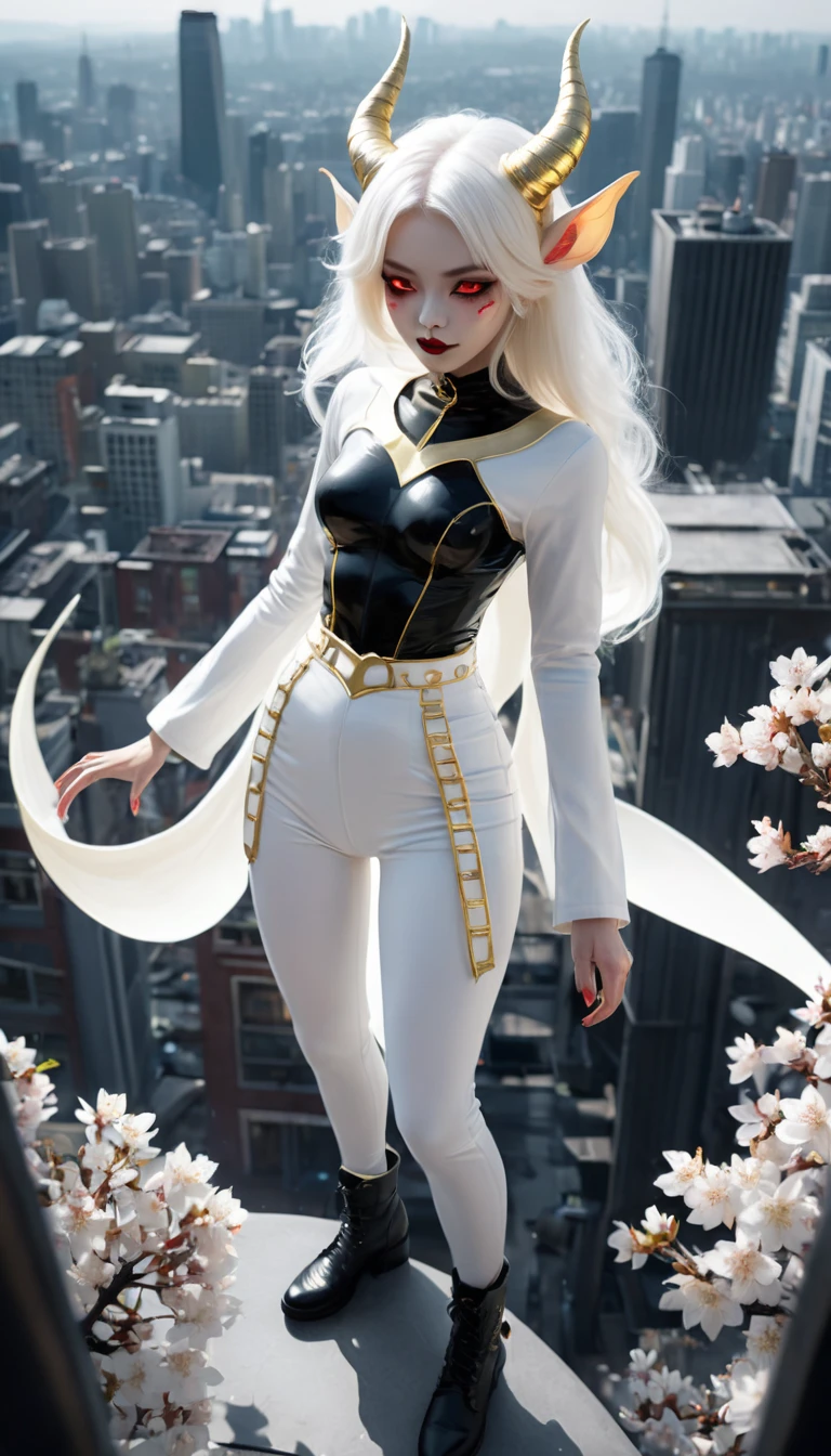 Pinhole photography, Realistic animation, Wide angle effect , Little Golden Horned Succubus Lady、Golden Glowing Succubus Tail （1.3）、Wearing a white mask（1.2）、 golden eyes （1.3），White Hair、Cherry blossoms、White short-sleeved T-shirt、Black leather trousers（1.2）、 put her hands in the coat pocket  ,  black boots , Overlooking the earth , From above,  focus on the face and eyes ,  super detailed,  Line Art ,style,ladder,platform,Astral Body , Multiple roles , Different roles , character design ,Terrifying and bloody, Signs of Death  ,  Very detailed,More details,  Smooth and Smooth Brushstrokes  , Shining neon lights ,City Skyline,Planetarium , dynamic posture,Single focus