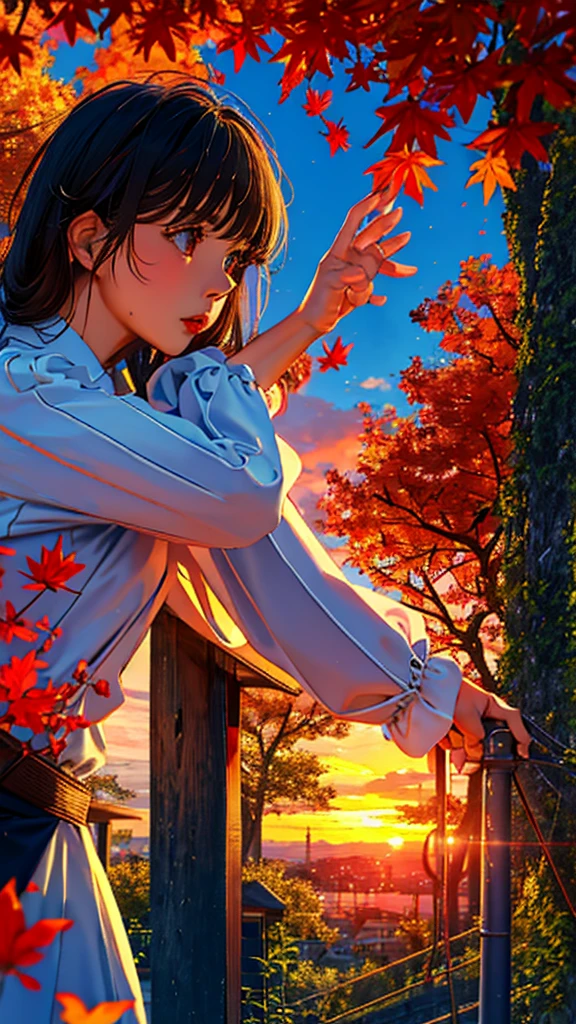 masterpiece, Best Quality,  beautiful eyes with attention to detail,  very detailed on playground equipment,  in fine detail,  high definition, autumn, autumn leaves, 巻き上がるautumn leaves, Sunset scenery,  imaginary, woman,  Office Lady Overlapping the Sunset , Watch ,  lonely expression that overlaps with the sunset, Looking into the distance, Look to the side, Stand, long hair, suit, 