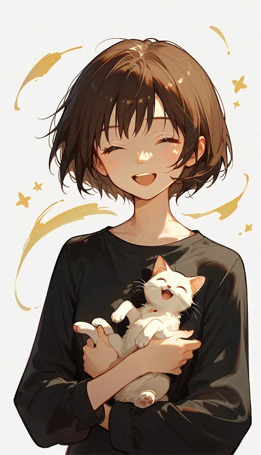 1girl,closed eyes,smile,holding animal,open mouth,blush,holding,solo,cat,white background,brown hair,upper body,animal,bangs,short hair,teeth,hair intakes,facing viewer,long sleeves,holding cat,upper teeth only,:d,simple background,black shirt,shirt,^_^,happy,