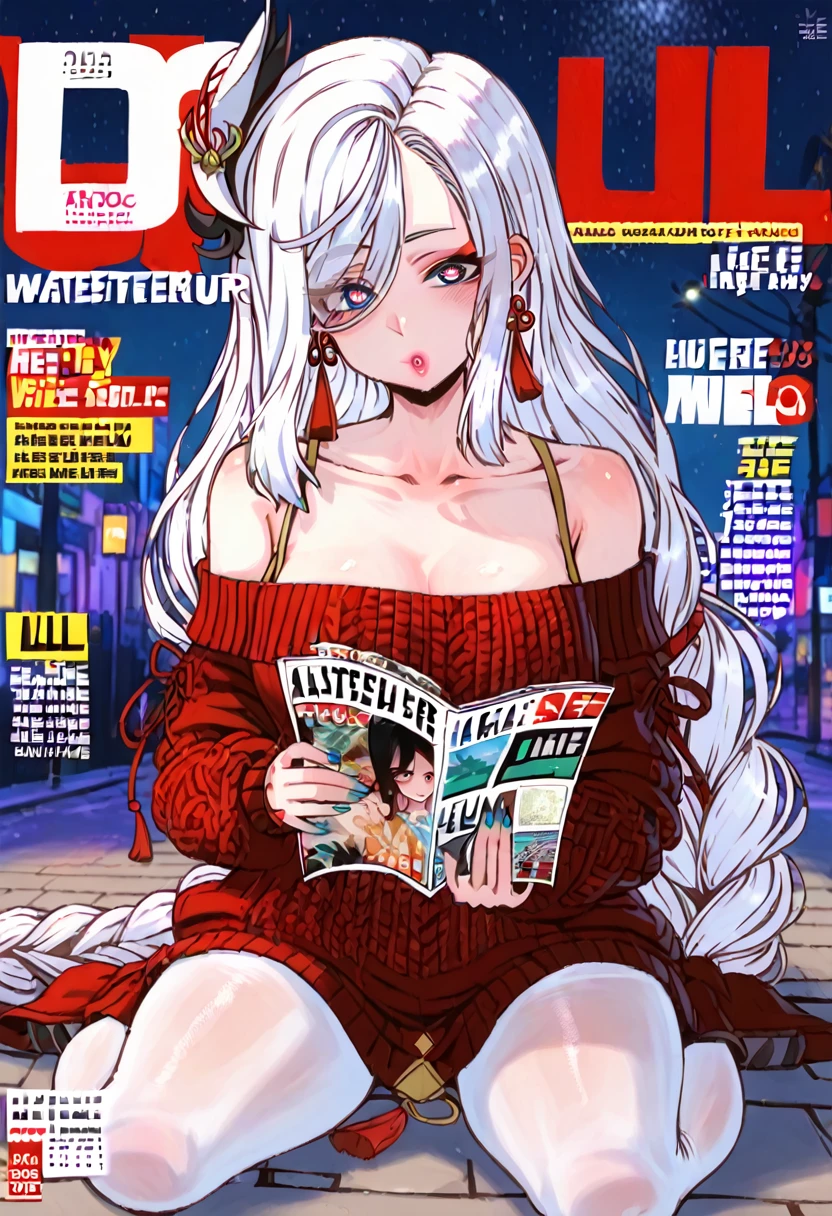 1 women, BREAK bare shoulders, collarbone, dress, long sleeves, off shoulder, off-shoulder dress, off-shoulder sweater, pantyhose, red sweater, sweater, sweater dress, thighs, full body, shenhe, blue eyes, braided ponytail, earrings, eyelashes, eyeliner, eyes visible through hair, eyeshadow, hair between eyes, makeup, red eyeshadow, sidelocks, single earring, symbol-shaped pupils, tassel, tassel earrings, white hair, long hair, night , street, best quality, masterpiece), 1women ,4k, 8k, uhd, hdr, detailed background,mature female, magazine cover, Magazine, (magazine cover:1.3),ulzzang-6500, (actual: 1.3) (original: 1.2), masterpiece, best quality, beautiful clean face, whole body, 1 girl, glitch art, (digital distortion), Pixelated clipping, Data corruption,color noise, visual clutter,contemporary aesthetics
