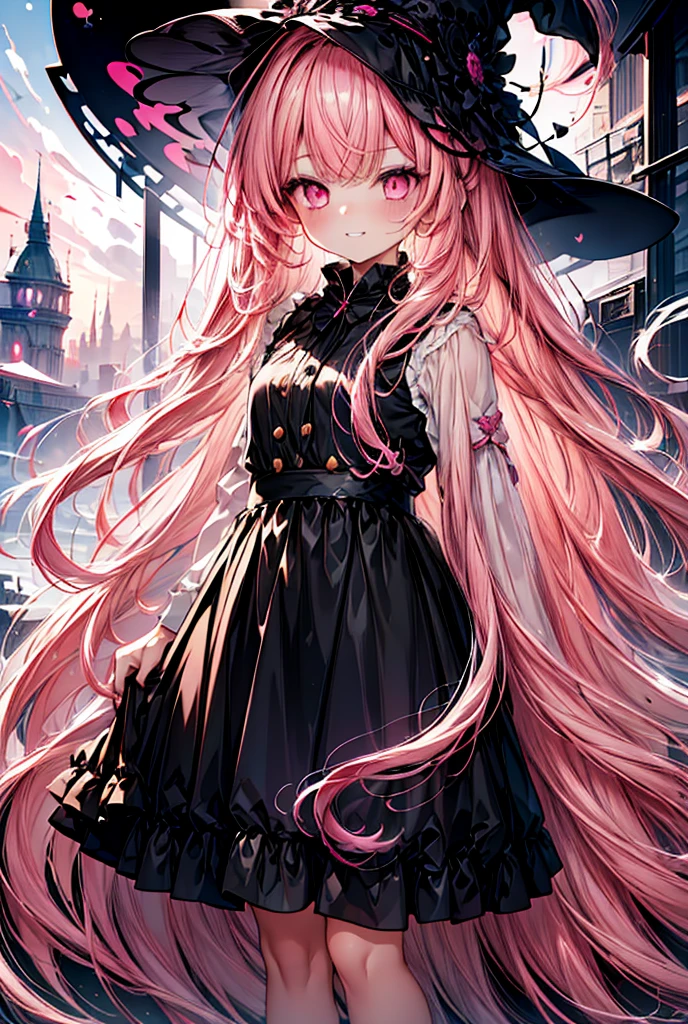  1 girl, Long Hair, bangs,  simple background ,  pink eyes, Best Quality,  pink hair, Hide your ears,  open your mouth slightly , Grin, Bad face, Movement illustration, Character portrait, whole body,I can even reflect my feet,Bewitching and cute、