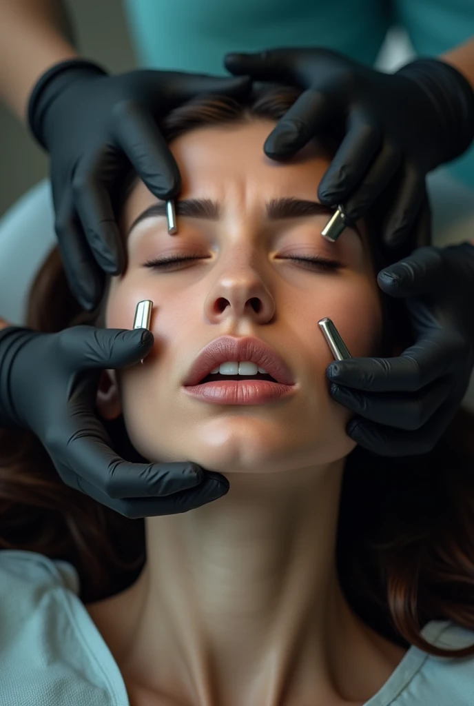 A woman's upper body is in the center of the picture,Many hands enter from outside the picture,Holding the bottle