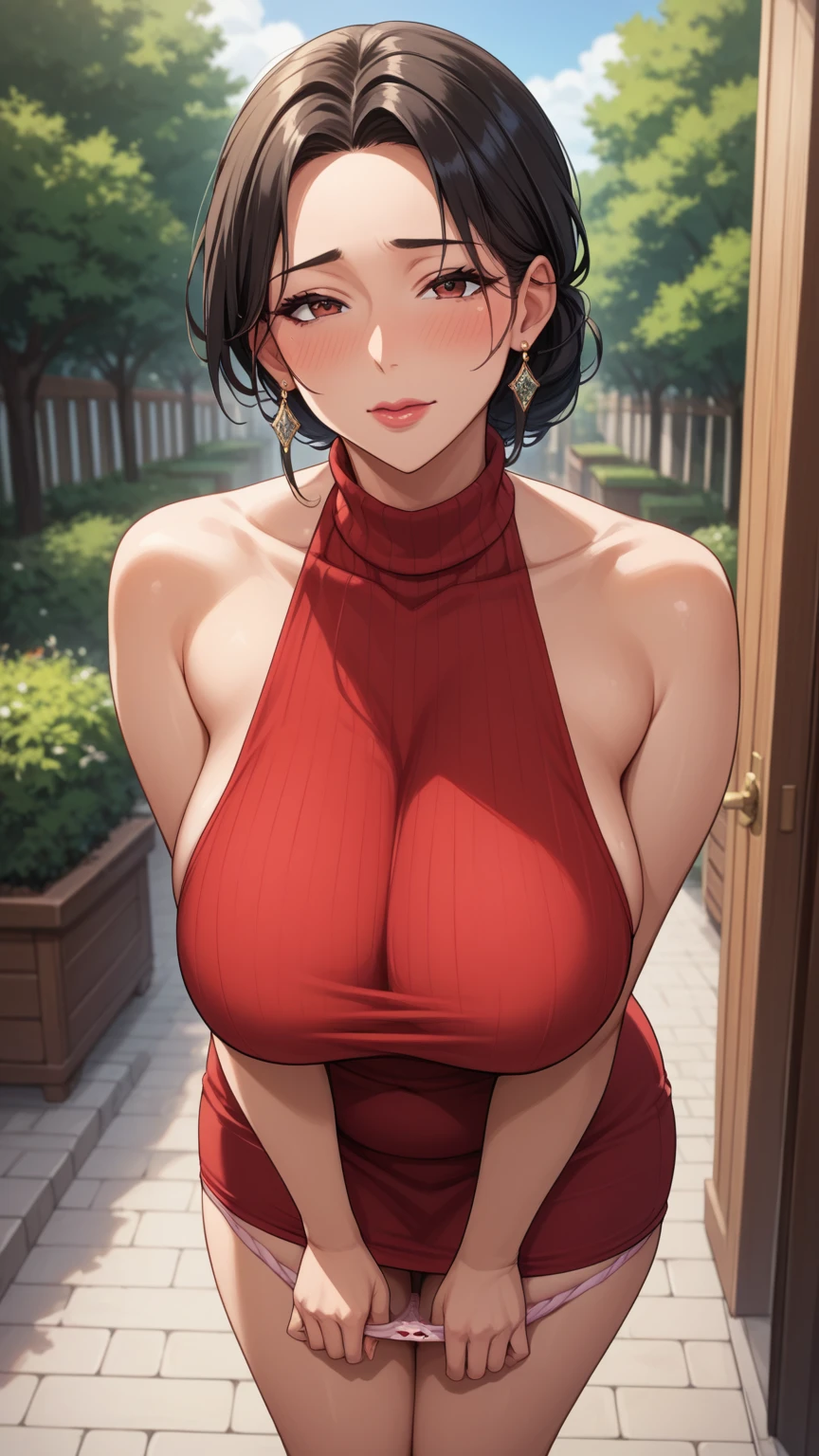 Yor from spyxfamily, yor, wear red dress, big black hair, slim And perfect body, Score_9, Score_8_up, Score_7_up, Score_6_up, Score_5_up, Score_4_up, Source_anime, Tag1, Tag2, Quality_masterpiece, Anatomically correct, Beautiful face, Perfect face, Highly detailed beautiful face and eyes, Attractive face, Detailed face, Delicate facial features, Detailed skin, Huge breasts, Sensual woman, Mature female, Milf, Motherly, Elegant, Glamor, Bitch, Slut, Whore, Voluptuous, Seductive, Glamor, Love handle, Curvy, Plump, Embarrassed, shy, seductive BREAK high-angle view, fully clothed, Leaning forward, Panties down, Sleeveless turtleneck,