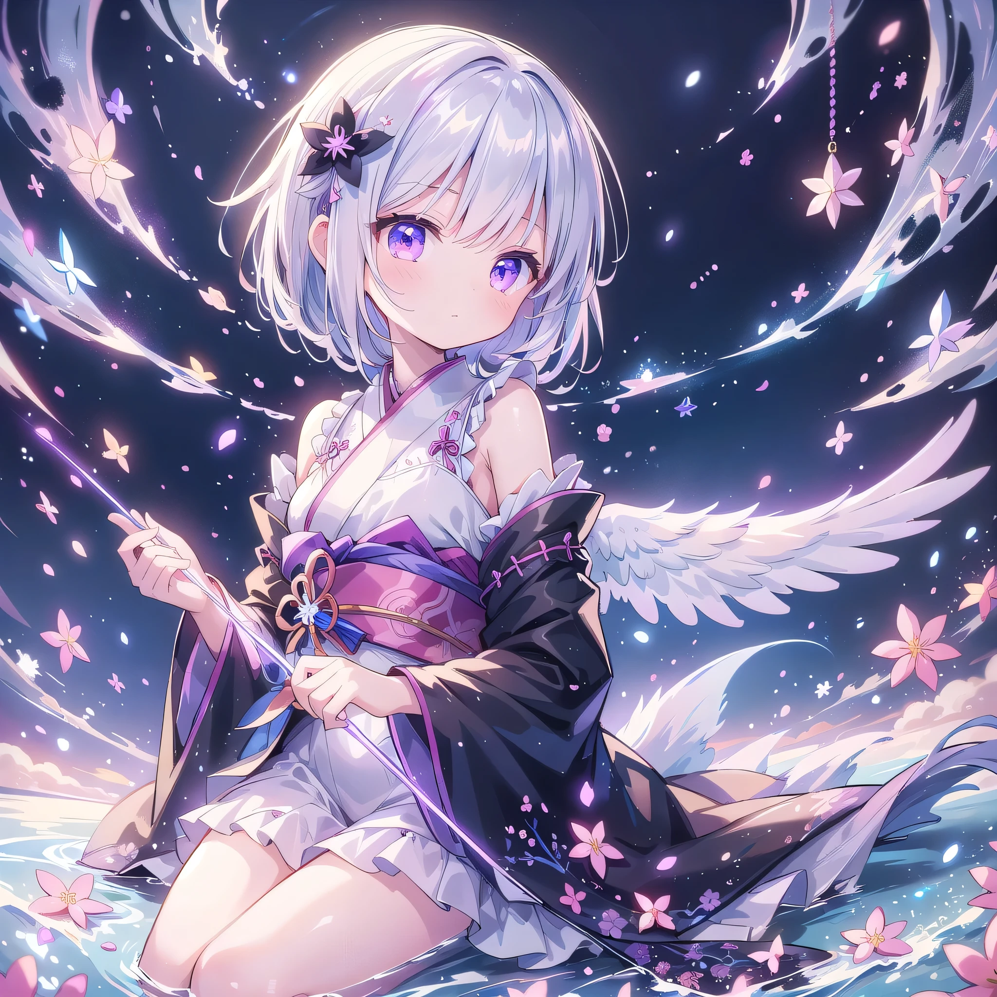 1girl,(((The best composition、Best Quality、 masterpiece、Super detailed、 high definition、 perfect anatomy)))、Goth Kimono、Shoulders out、Hem with lots of frills 、Mini length、Starの妖精、 translucent angel wings growing from the waist、hairpin、Red light district、Gorgeous、Handsome face、Oiran、Star、流Star群、🌸、🌸、black and purple kimono