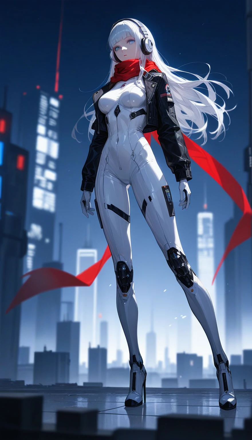 best quality,amazing quality,very aesthetic,absurdres,masterpiece,
1girl, grey eyes, long hair, silver hair, straight hair, medium breasts, mature female, blunt bangs, hair intakes,
(white latex bodysuit:1.2), headphones, black leather jacket, open jacket, lapels, red scarf, black thigh boots, high heel boots, 
expressionless, looking at viewer,
solo, full body, 
cityscape, night, night sky, science fiction, concrete rooftop,
cinematic lighting, depth of field,
